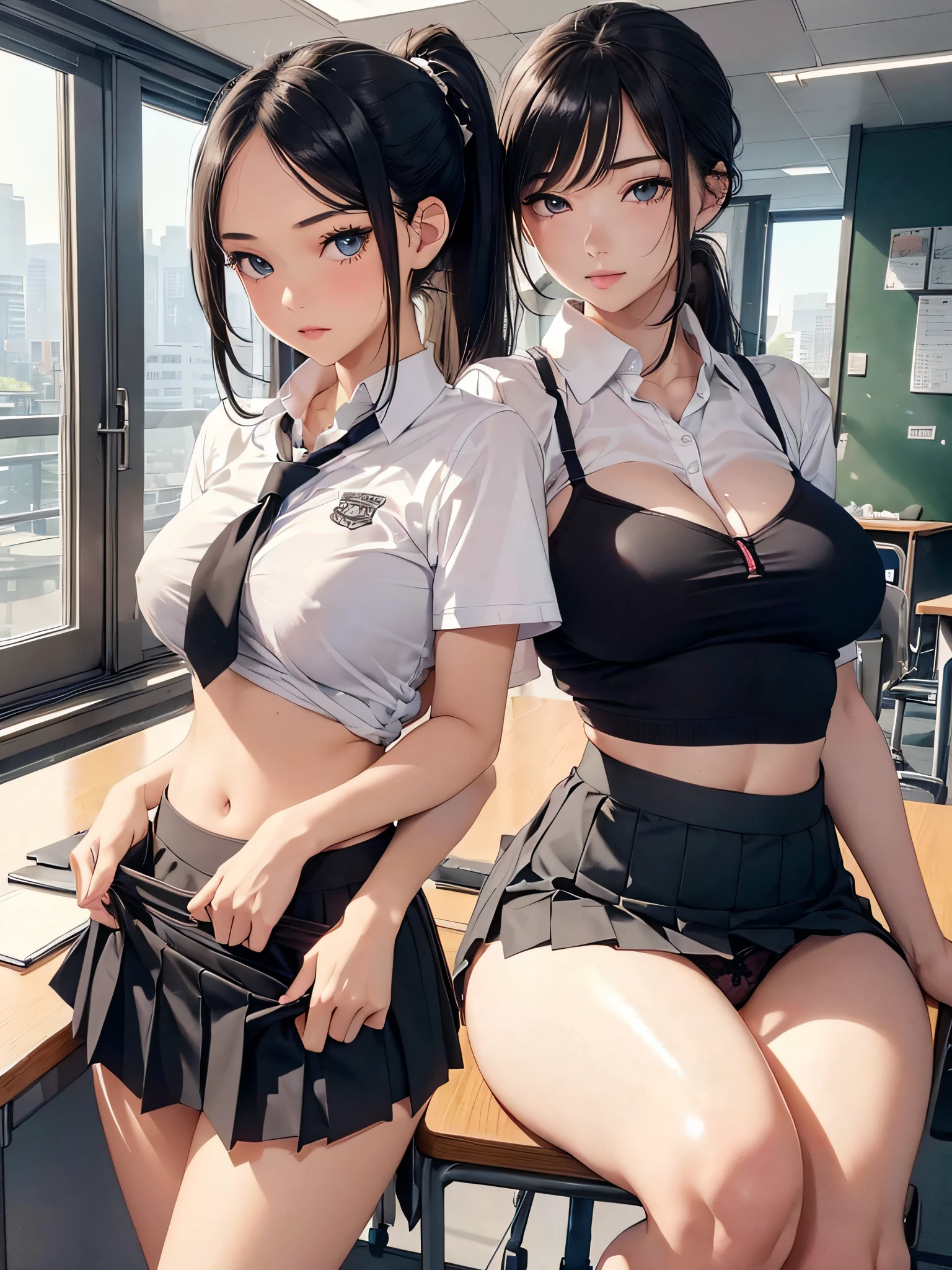 super high image, super detail, super high resolution, best quality, (full body image), (((masterpiece))), , (((beautiful young girl))), (16years old),(pretty face), (perfect body), (hourglass body shape), ((glossy black hair)), (one ponytail), (beautiful blue eyes), (bursting breasts), ((petit breasts:1.1)), (perfect breasts), (deep cleavage), (sexy), (((schoolgirl uniform))), sexy expression, (((erotic pose))), (thin waist), (thick hips), (inside sitting on desk), ((((lifting skirt showing panties)))),