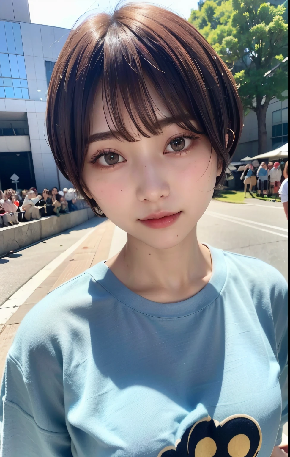 ((top-quality))、(masuter piece:1.4)、Raw photography、8K、((Top image quality))、 ((hight resolution))、Beautiful face in every detail、Realistic human skin、Gentle expression、(One lady:1.3 )、realisitic、Photorealsitic、(extra very short hair:1.4)、(Beautuful Women)、(cute Japanese girls)、((Pretty Woman))、(Beautiful hair)、((dark brown  hair))、(((Red cheeks)))、((Her eyes are big))、20-year-old beauty、(her face is small:1.7)、small head、((long neck))、pale skin、Spot-free skin、With bangs、Everyone longs for、japanese beautiful woman、eight heads high、(a necklace)、((music festival))、blue-sky、Looking at the camera、singers、Everyone admires her、(she is a celebrity)、she is a beautiful japanese female singer、wristbands、(Concert T-shirt)、The center of attention of the crowd、(she has many fans:1.4)、[[smil]]、(Oversized clothes:1.3)、