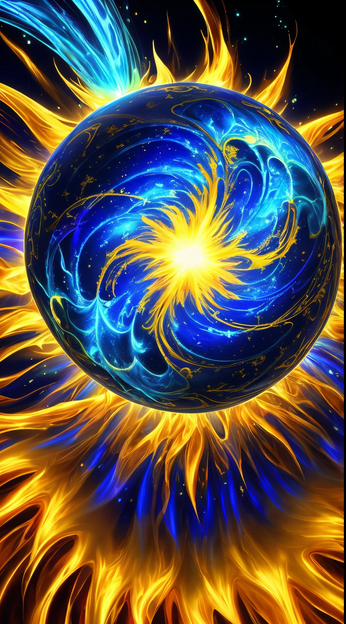 "Create something highly detailed, Best Quality, A high-resolution masterpiece depicting a sacred umbral elemental exuding blue and yellow energy.." Perfect Shadow, High-quality shading, Photorealistic,