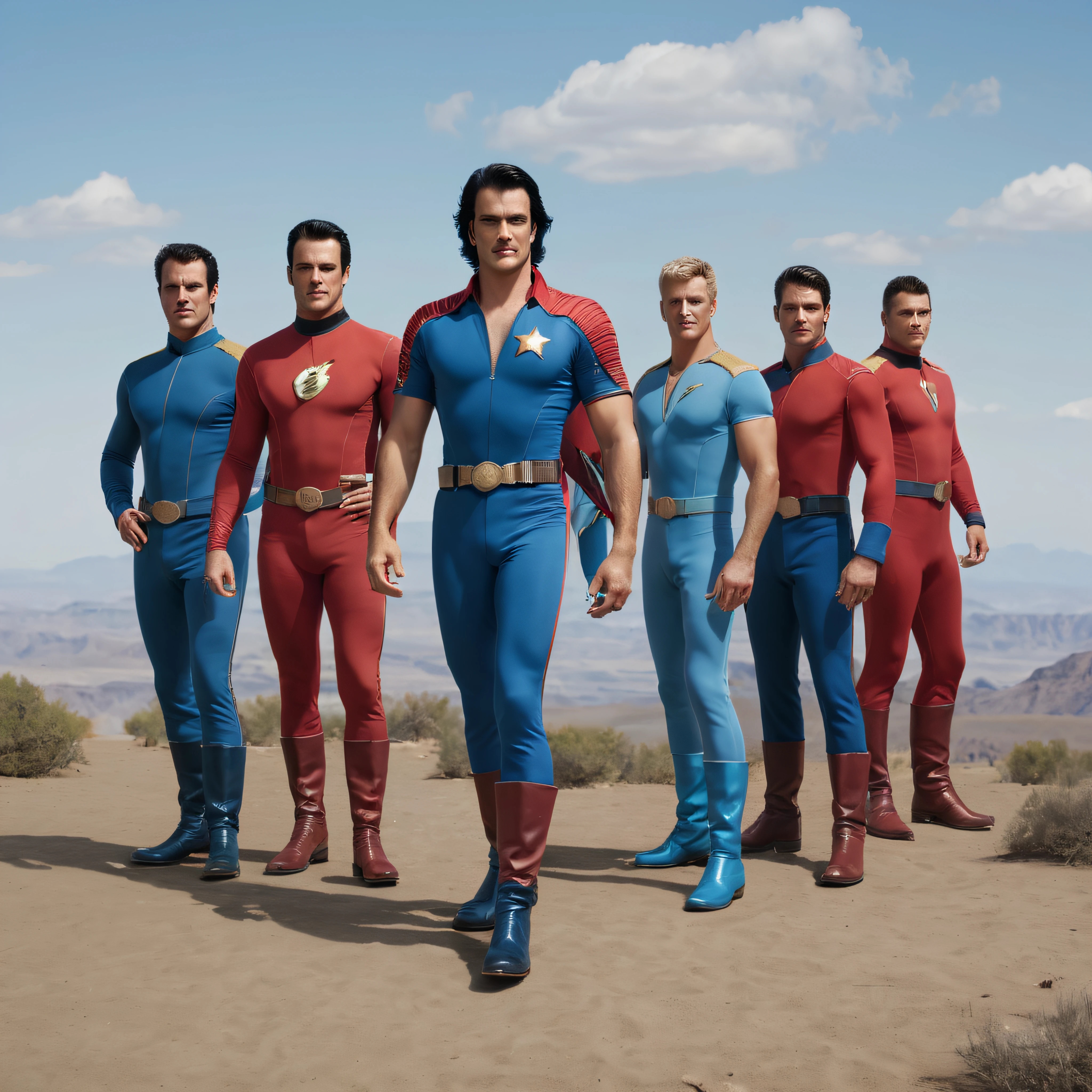 Full Body portrait, 18-year-old Paul Stanley/Elvis Presley/Tom Selleck/Henry Cavill/Keanu Reeves/Dolph Lundgren/Tyler Hoechlin/Jon Bernthal hybrid as Mr. Majestic, extra short, buzz-cut hair, bright blue eyes, wearing a Maroon Superhero suit with an "M" on the chest, red boots, red cape, oil painting in the art style of Gilbert Stuart, 32k, UHD, hyper realistic, Photorealistic, sharp, vibrant, extremely colorful, highly detailed, professional quality, beautiful, awesome, majestic, superb, trending on artstation