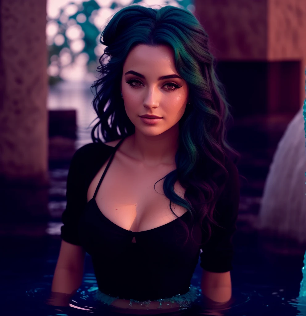 Uma mulher com decote, behind a lot of water with green hair