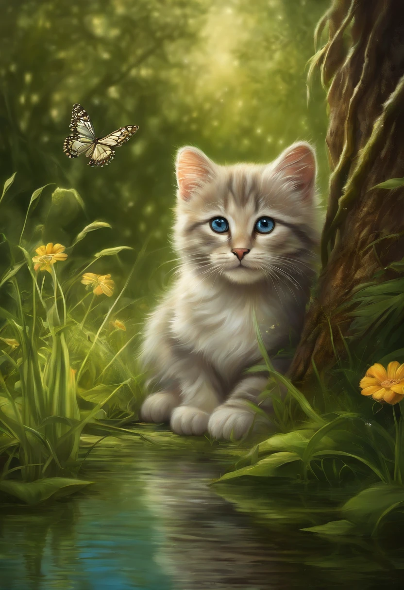 heroic fantasy painting of A cute little cat, full of grass, wild flowers, flowing water, shining with many trees and reflections, vines,in the dangerous fantasy world. airbrush over oil on canvas. best quality, high resolution,predating human civilization. crude and simple, but also surprisingly beautiful artwork, made by genius primeval artist. best quality, high resolution