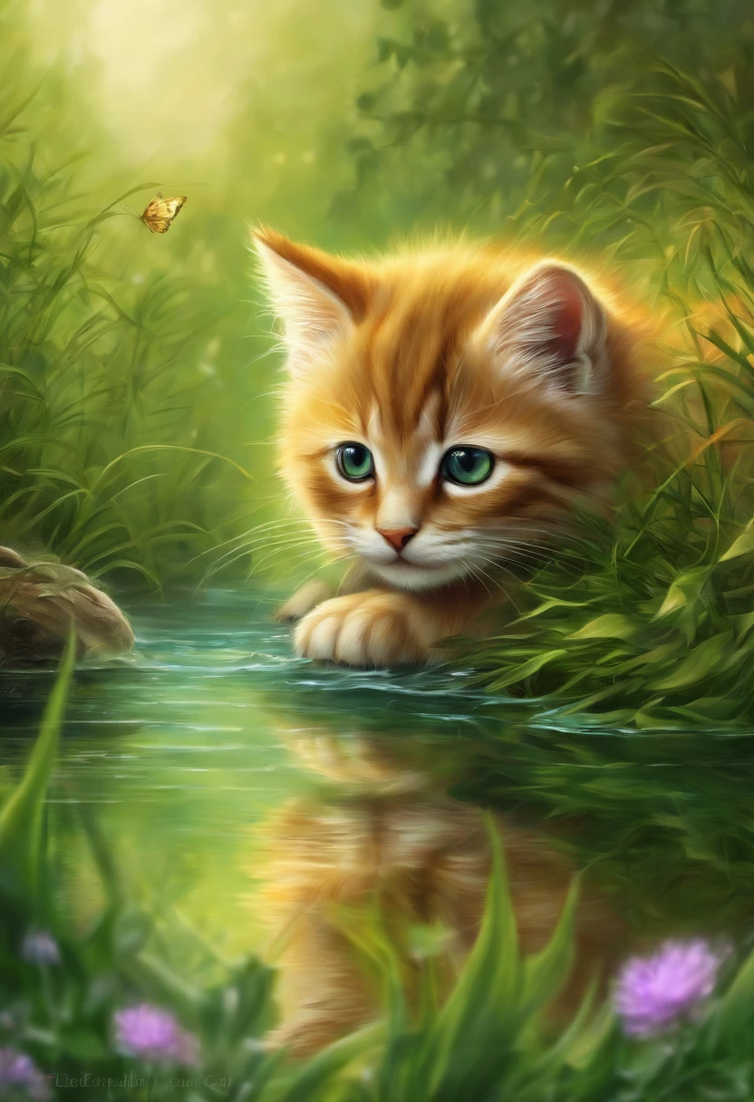 heroic fantasy painting of A cute little cat, full of grass, wild flowers, flowing water, shining with many trees and reflections, vines,in the dangerous fantasy world. airbrush over oil on canvas. best quality, high resolution,predating human civilization. crude and simple, but also surprisingly beautiful artwork, made by genius primeval artist. best quality, high resolution
