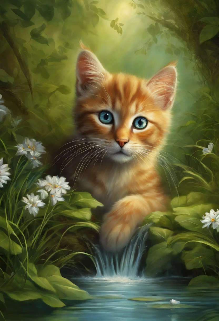 heroic fantasy painting of A cute little cat, full of grass, wild flowers, flowing water, shining with many trees and reflections, vines,in the dangerous fantasy world. airbrush over oil on canvas. best quality, high resolution,predating human civilization. crude and simple, but also surprisingly beautiful artwork, made by genius primeval artist. best quality, high resolution