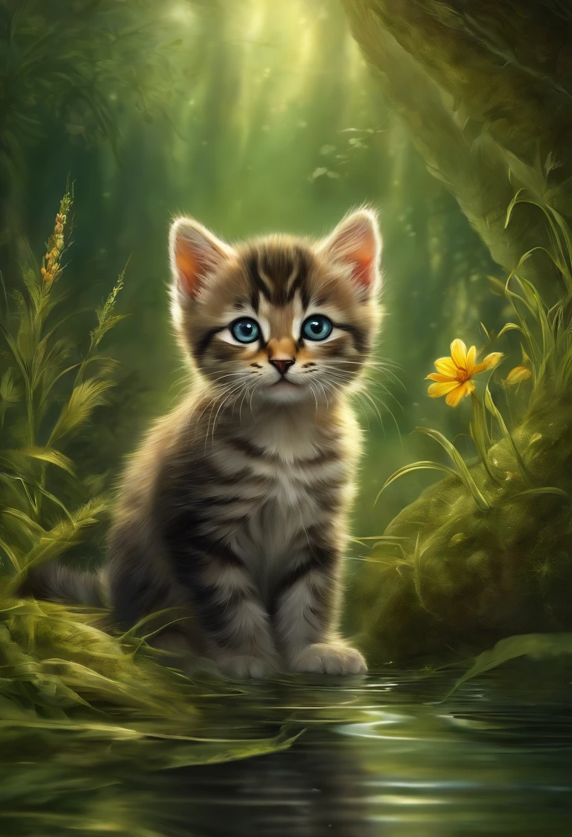 heroic fantasy painting of A cute little cat, full of grass, wild flowers, flowing water, shining with many trees and reflections, vines,in the dangerous fantasy world. airbrush over oil on canvas. best quality, high resolution,predating human civilization. crude and simple, but also surprisingly beautiful artwork, made by genius primeval artist. best quality, high resolution