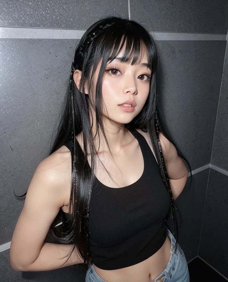 Araffe Asian woman with long black hair and a black tank top., Peinado twintails, Sui Ishida con cabello negro, Ella tiene el pelo negro con flequillo, con coletas negras, Chiho, con flequillo completo, Yoshitomo Nara, Shiori Teshirogi, con flequillo, Shikamimi, peinado de coletas