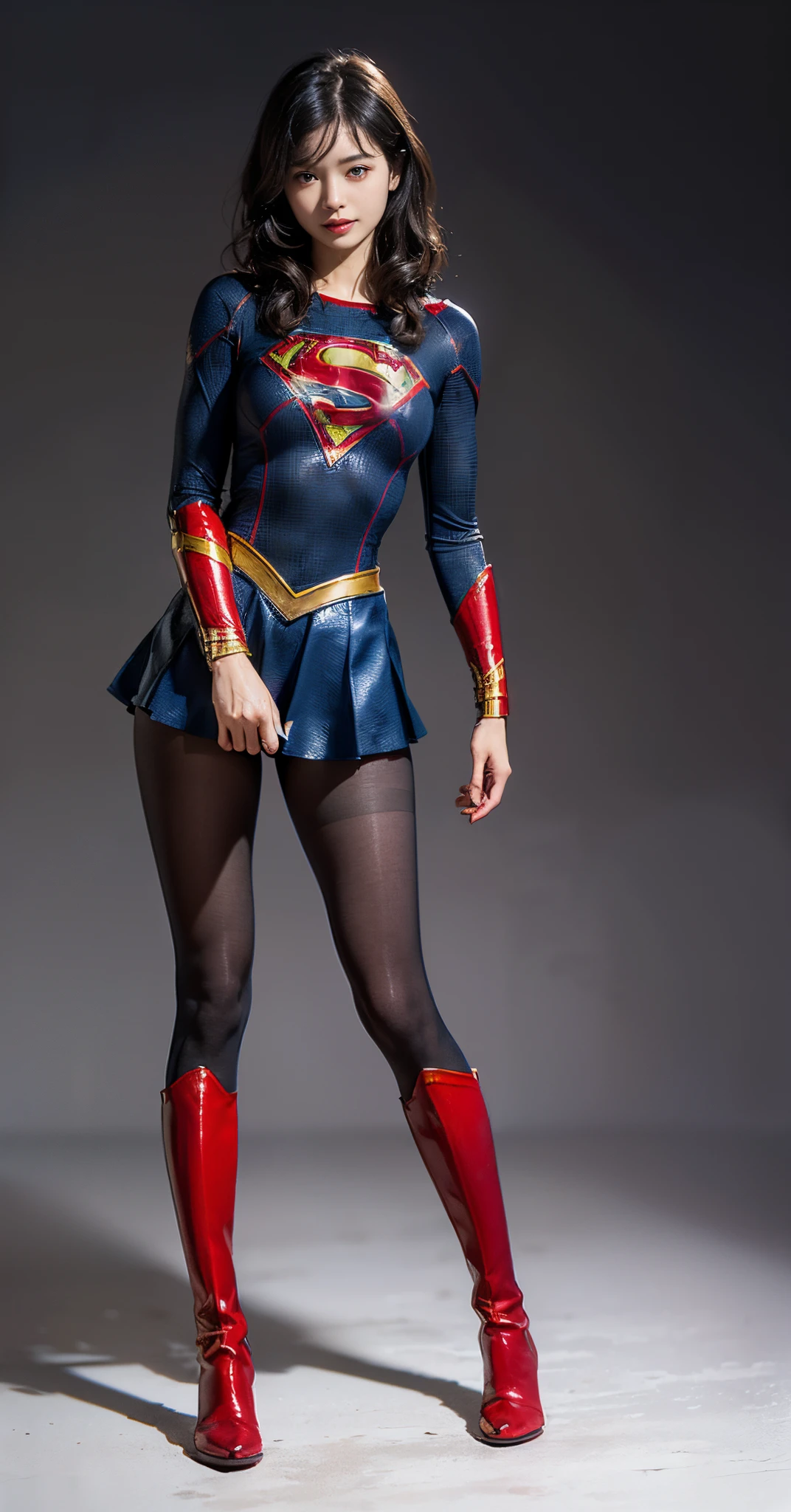 Asian Beautiful Girl、(((Wear black tights on your beautiful legs.)))、(((beauty legs)))、(((facial expression of smile)))、((((Make the most of the original image)))、(((Supergirl Costume)))、(((a short bob、beautiful hairl)))、(((Suffering)))、(((Feet must necessarily be worn with black tights)))、(((You need to wear red boots)))、((Top image quality、8K))、((top-quality、8K、masterpiece:1.3))、(((Keep your background simple)))、Crisp focus:1.2、Beautiful woman with perfect body shape:1.4、Slender Abs:1.2、a wet body:1.5、Highly detailed facial and skin texture、8K、beauty legs