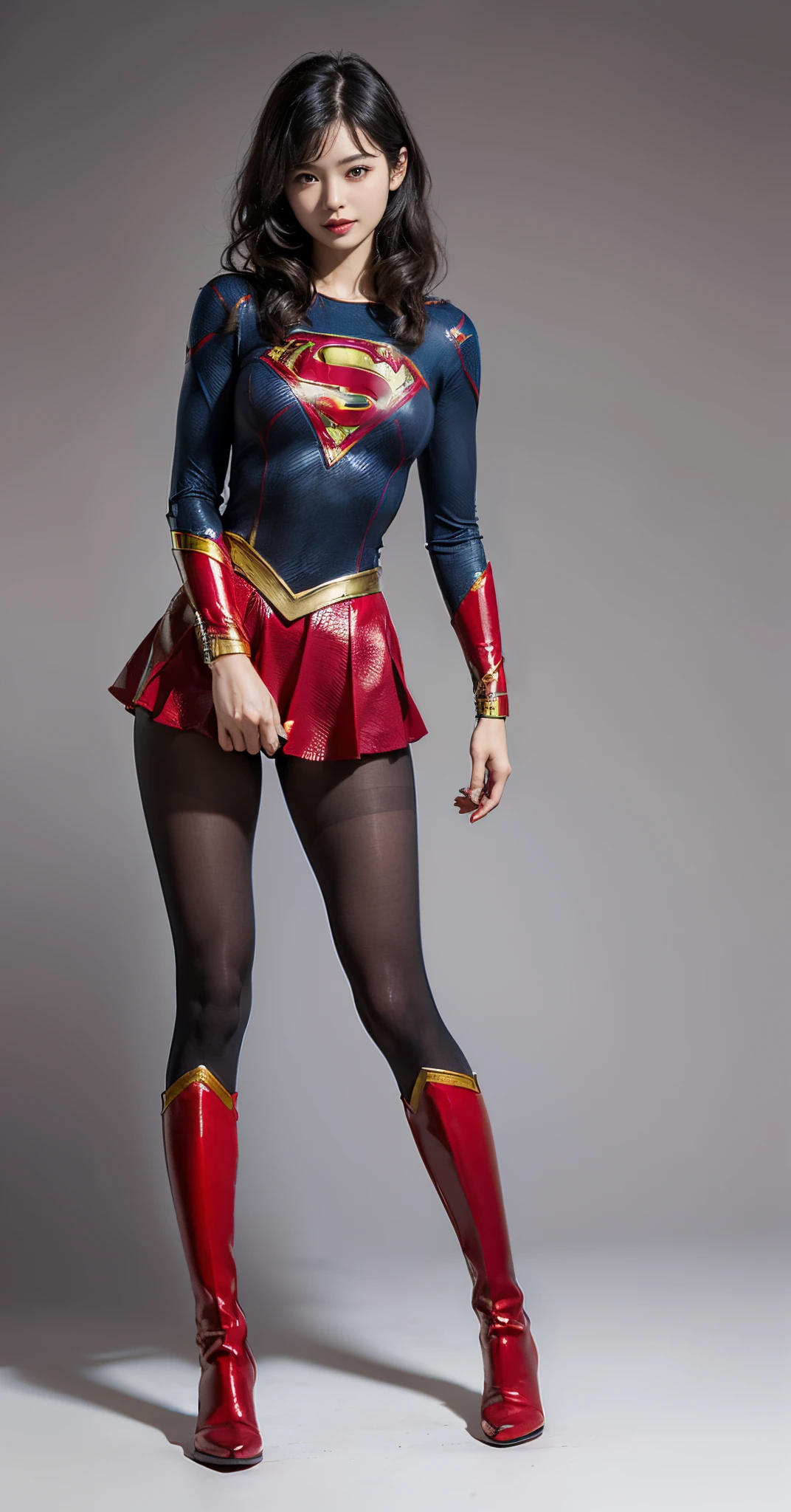 Asian Beautiful Girl、(((Wear black tights on your beautiful legs.)))、(((beauty legs)))、(((facial expression of smile)))、((((Make the most of the original image)))、(((Supergirl Costume)))、(((a short bob、beautiful hairl)))、(((Suffering)))、(((Feet must necessarily be worn with black tights)))、(((You need to wear red boots)))、((Top image quality、8K))、((top-quality、8K、masterpiece:1.3))、(((Keep your background simple)))、Crisp focus:1.2、Beautiful woman with perfect body shape:1.4、Slender Abs:1.2、a wet body:1.5、Highly detailed facial and skin texture、8K、beauty legs