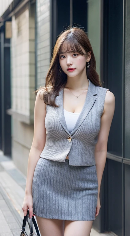 (Realistic, High resolution:1.3), 1 girl with perfect figure, super fine face and eyes, Long hair, vests: 1.Two random colors, Short skirt, the city street, Big breasts, Exposed cleavage,Long legs,high-heels