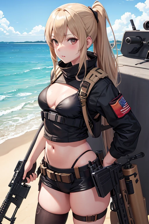 Bikini anime girl holding gun and rifle on beach, 比基尼 + tattered military gear, Detailed pubic hair. Girl Front, from girls, Girly frontline style, Shoujo Frontline CG, Girl Front, Fleet collection style, soldier girl, M4 Sopmod II Girls Frontline, infantry girls, realistic bikini, seductive anime girls, Guviz-style artwork