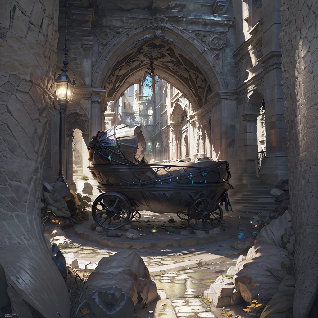 finest image, fantasy, giant pumpkin carriage, black cobblestone pavement, street lights, cityscape, iridescent metal plated metal parts, stained glass windows, background iridescent light particles, falling dead leaves, detailed and delicate depiction, professional lighting