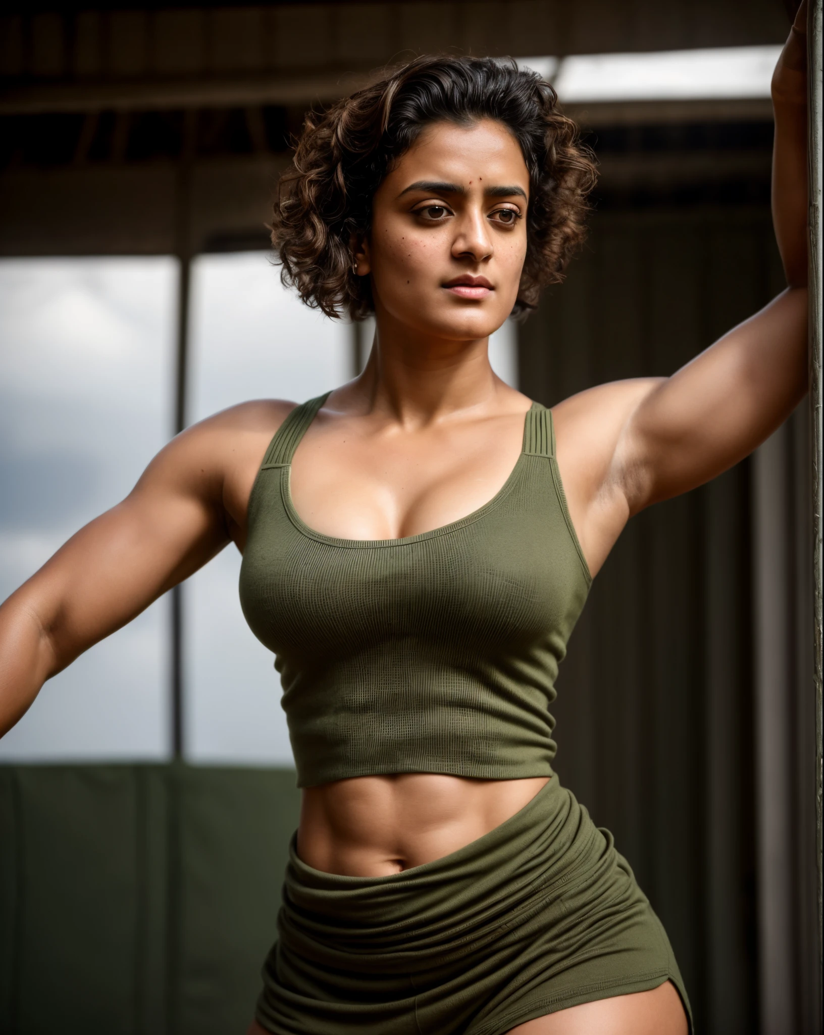 Face of PV Sindhu and Tapsee Pannu, perfect thick dusky Beauty, dynamic lighting, wearing olive green Knit Cami top, She is the combination of  Beauty and power, detailed hairy armpits, super hot cop, mascular Woman doing exercise, full of sweat, sweaty body, sweat, shiny skin, movie stills, cinematic portrait, cinematic Lightning, Highest quality, (dramatic lighting:0.7), masterpiece, high angle shot, perky breast, big tight breast, RAW photo of (pale 45 year old military Special Force woman with short styled hair, mascular woman with heavy physique, looking up at the viewer), cute, Extremely sweat, (wearing sleeveless 
square neck vest, thin cotton ), doing free hand excercise in a military camp in jungle, portrait, perfect face, beautiful eyes, vivid detail, (highly detailed skin), freckles, sfw, (blue tint:0.6), (dirty:0.8), (bloody:0.7), key lighting, (backlighting:0.5), medium depth of field, photographed on a Canon 5D, 50mm lens, F/4 aperture, (hyperdetailed, intricate details), sharp focus, muted colors, 8k, absurdres, 8mm film grain, war photography, perfect eyes, detailed eyes, sharp focus,