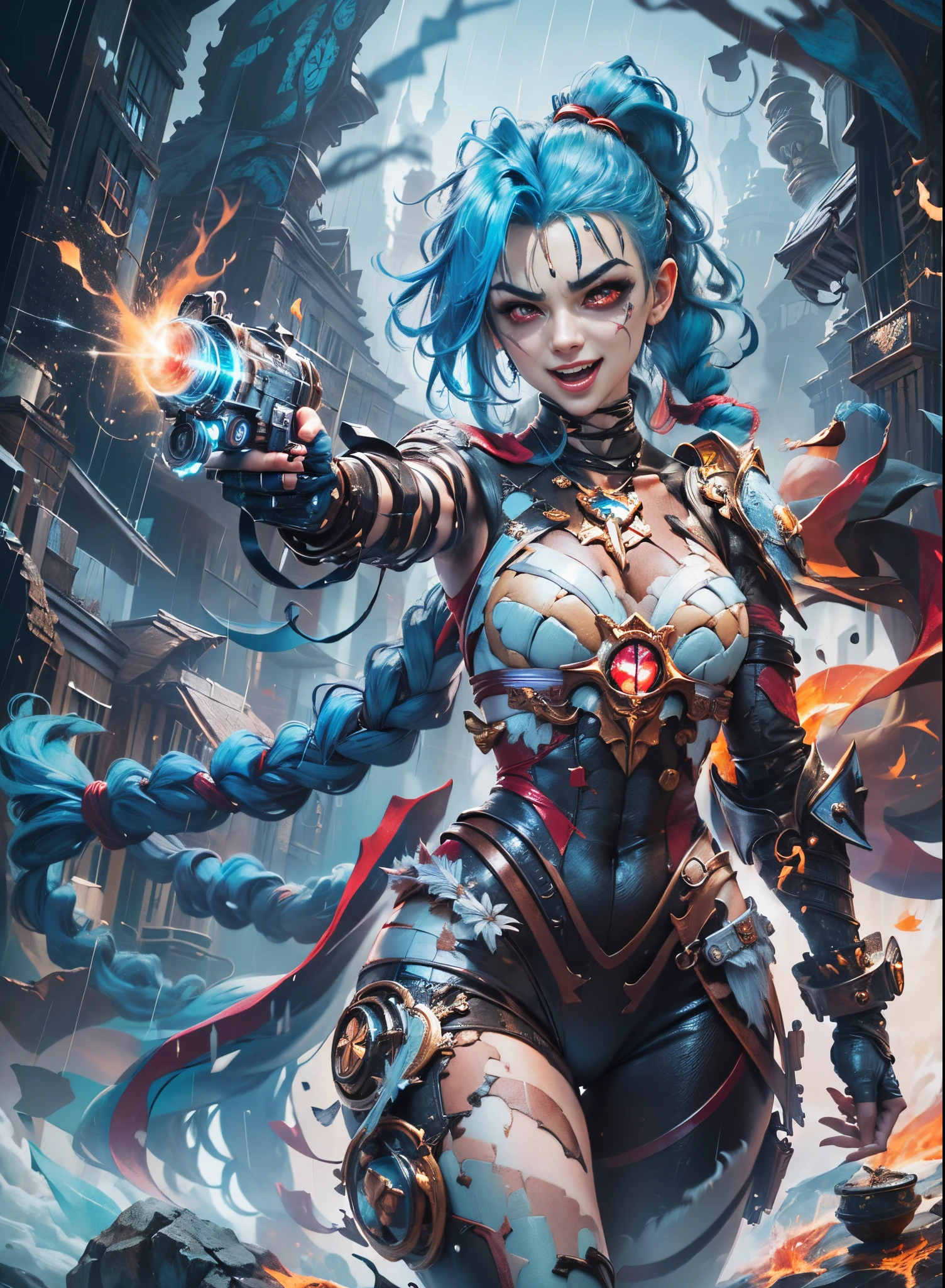 (Shoot from a distance: 1.5), doom \(league of legend\), (1个Giant Breast Girl，League of Legends Jinx)，(Scarlet eyes: 1.2, Maniacal laughter, Blue double ponytail hair: 1.5)，Kungfu，Wearing future technology mechanical armor，(Particle laser cannon in hand，a revolver)，Ao Shu Crystal, Attack status，(Snowy mountain woods，surrounded by rain，League of Legends Game World)，Illustration style，The whole body is exposed to the rain for a long time，(exquisite facial features，Perfect hand features)，martial arts style，(Selective focusing，Full body shot，tmasterpiece，ultra - detailed，Epic work，Best quality at best，8K，in a panoramic view, first person perspective, atmosphric perspective, hyper HD, tmasterpiece, acurate, Anatomically correct, ctextured skin, high detal, Award-Awarded, Best quality at best), Kim Kroll, author：by DylanKowalski