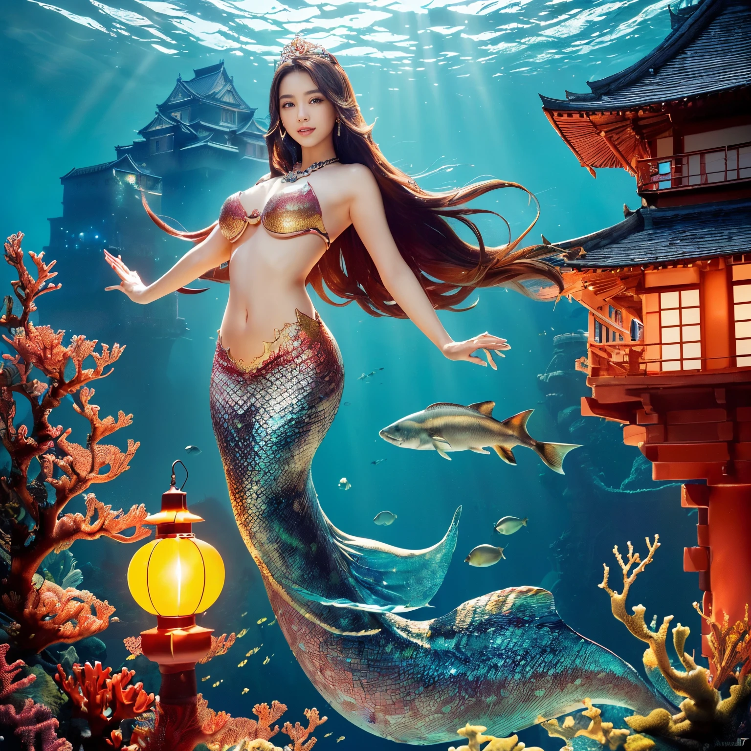 ((top-quality、masutepiece、8K、Top image quality、Highly complex and detailed depictions、super-fine、1 photo、The main character is a human、You can see the castle in the background.))、((Little Mermaid、Let'Take a photo from close to the princess、her face is detailed and clear、her close up photo、mermaid princess swimming in the sea、Please take a photo of the mermaid princess'The upper part of the body、huge top quality tiara、huge top quality necklace、The most complex and detailed scale、Mermaid scales、Mermaid tail、perfect and accurate mermaid princess、The background is a castle in the deep sea、she swims in the sea、There are many beautiful fish swimming around the castle......、Lots of beautiful coral and fish、shining water surface、sunlight shines through the water surface)、((Japanese castle underwater in the background、Incredibly gorgeous underwater castle in the background、With a huge underwater castle in the background、With the most luxurious and huge underwater castle in the background、Beautiful Niwa lacquered giant castle、With the exterior of Niwa-nuri Castle in the background、luxury tile roof、Gold decoration of Niwa-nuri Castle、Luxurious Japanese castle with red and gold background、Castle glowing red in the background、red lantern lighting、The most glittering and complex castle、castle built at the bottom of the sea)))、(View me、Biggest smile、The happiest smile、Look at viewers、photo of her upper body、Perfectly depict detailed and complex underwater scenes、Detailed depictions of many beautiful sea creatures)