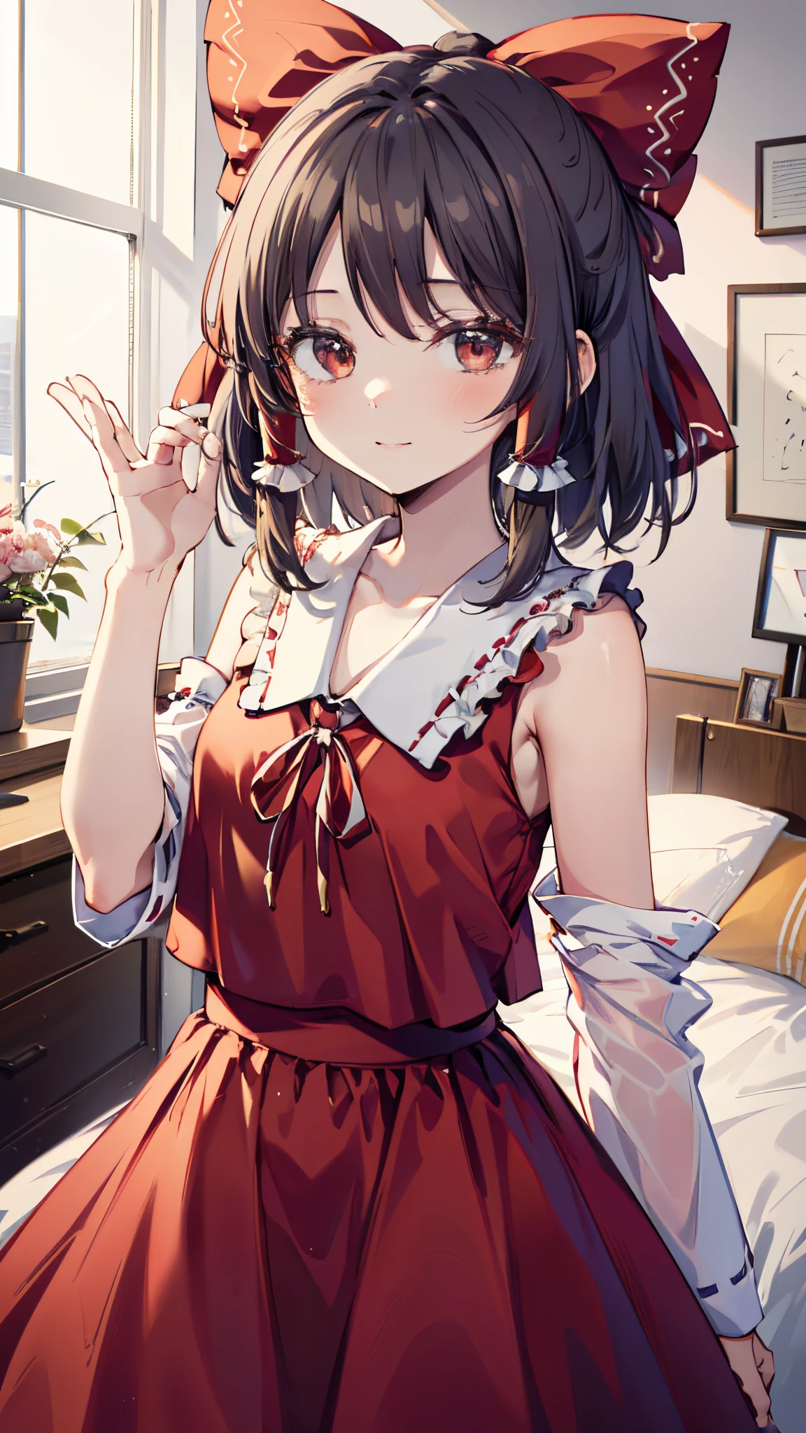 Reimu Hakurei , completely in his room, ((flequillo, Cola de caballo, tubos rojos en su flequillo, red ribbon)), Small_senos, sonrisa seductora, confiado, looking at the camera , Selfie, 1girl, solamente, desnudo, room background