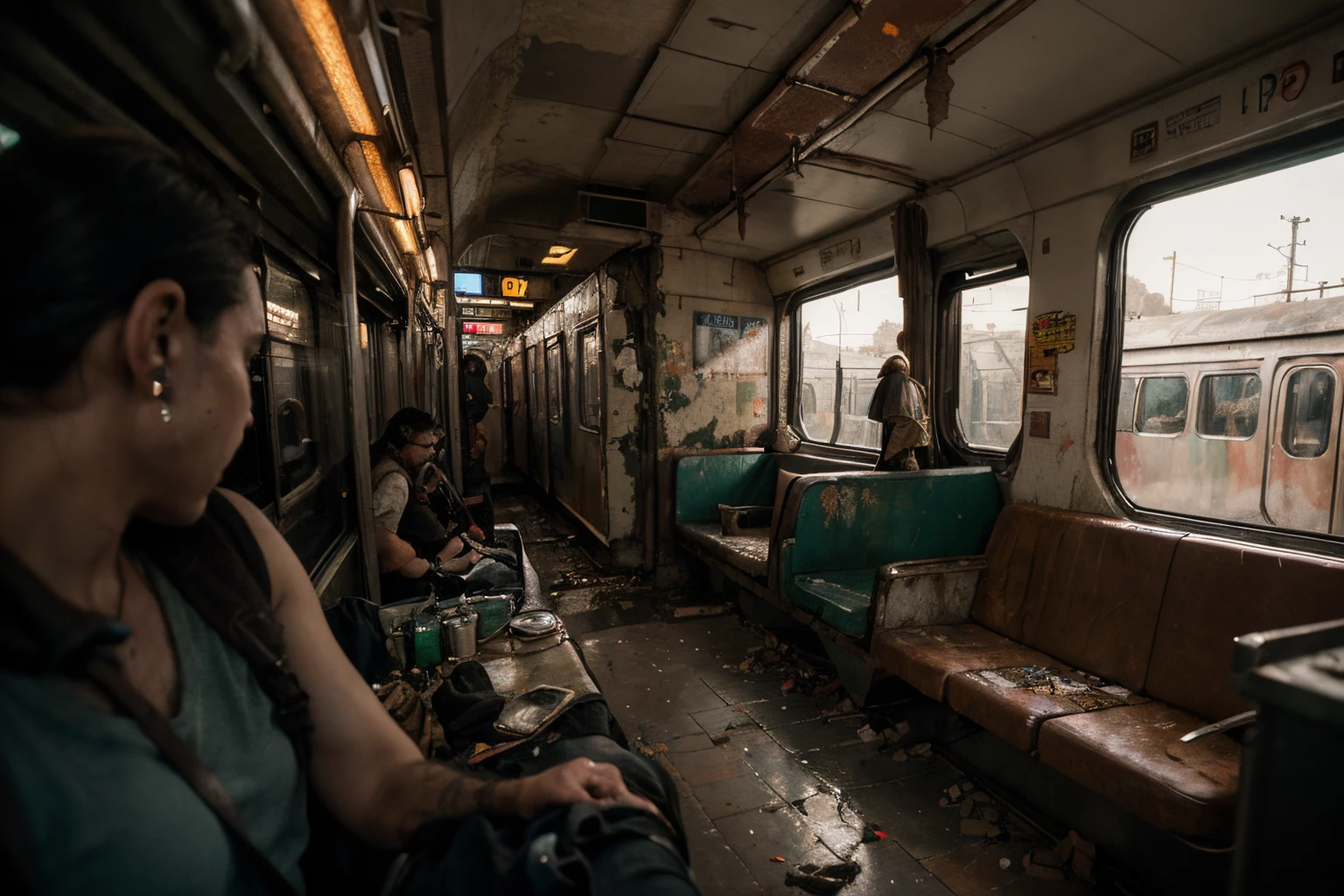 masterpiece, 8k,
best quality, ultra detailed,
rusty crowded train from outside in los angeles, apocalyptic color palette, photorealistic, neon ambianceblood stains, building crumbling,
high definition, depth of field, bokeh, rubble, wild vegetation,