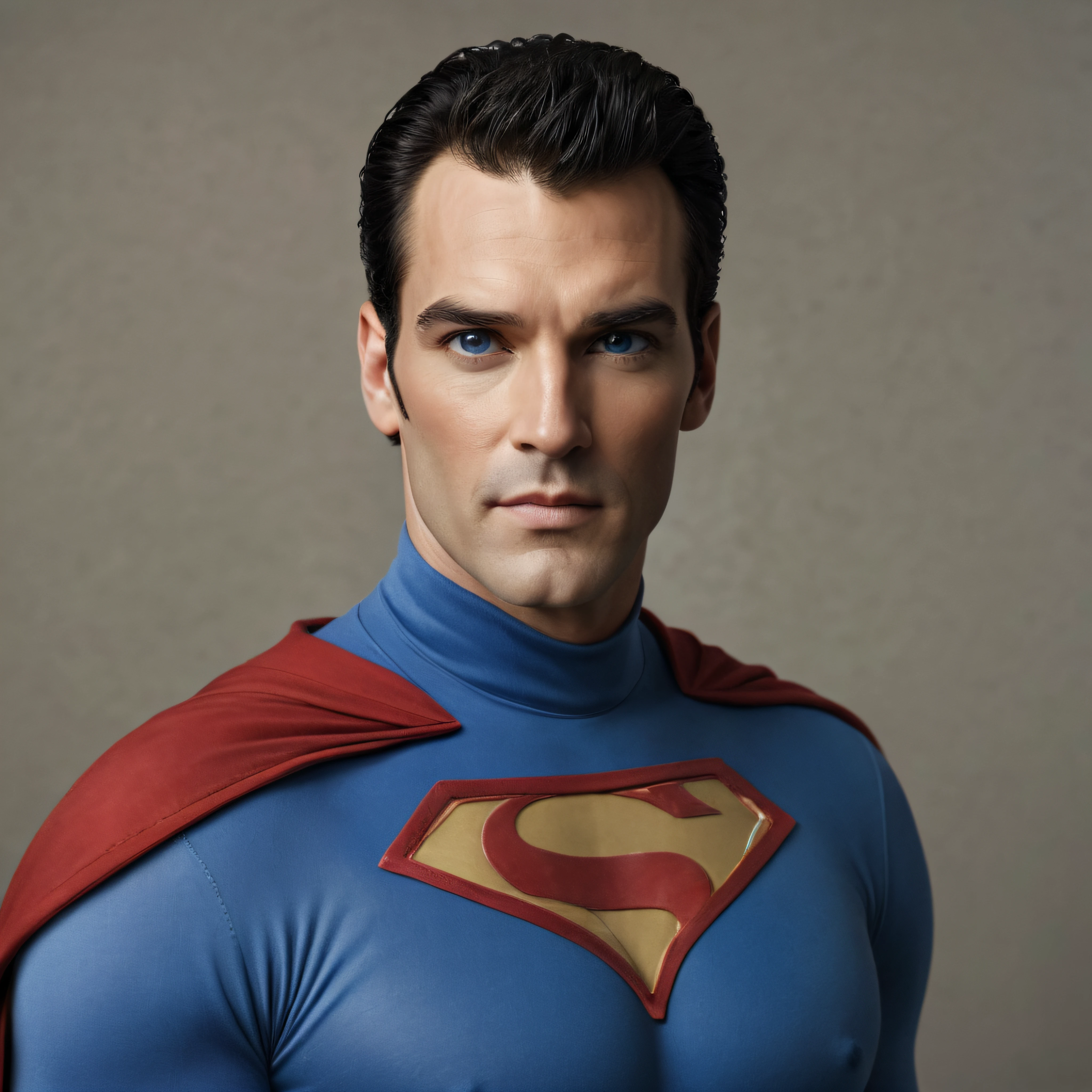 Full Body portrait, 33-year-old Paul Stanley/Elvis Presley/Tom Selleck/Henry Cavill/Keanu Reeves/Dolph Lundgren/Tyler Hoechlin/Jon Bernthal hybrid as Mr. Majestic, extra short, buzz-cut hair, bright blue eyes, wearing a skintight, formfitting blue bodysuit with an "M" on the chest, red boots, red cape, oil painting in the art style of Gilbert Stuart, 32k, UHD, hyper realistic, Photorealistic, sharp, vibrant, extremely colorful, highly detailed, professional quality, beautiful, awesome, majestic, superb, trending on artstation