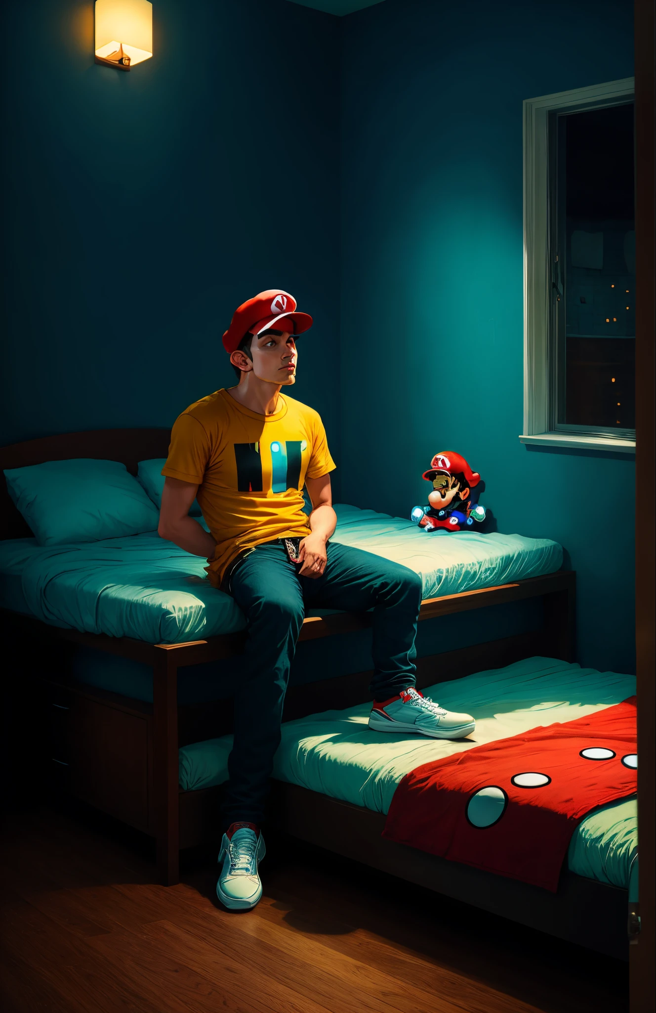 Hyper realistic Mario in his room, thinking about life with his Jordans red and having a lean