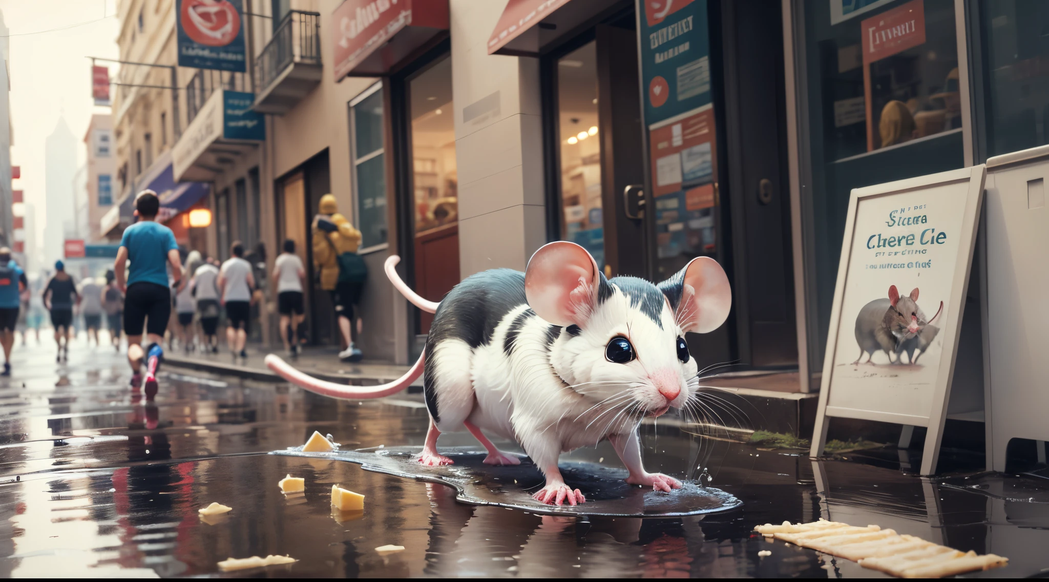 mouse bathing in a puddle of water while eating a piece of cheese with people running in fear in a city --auto --s2