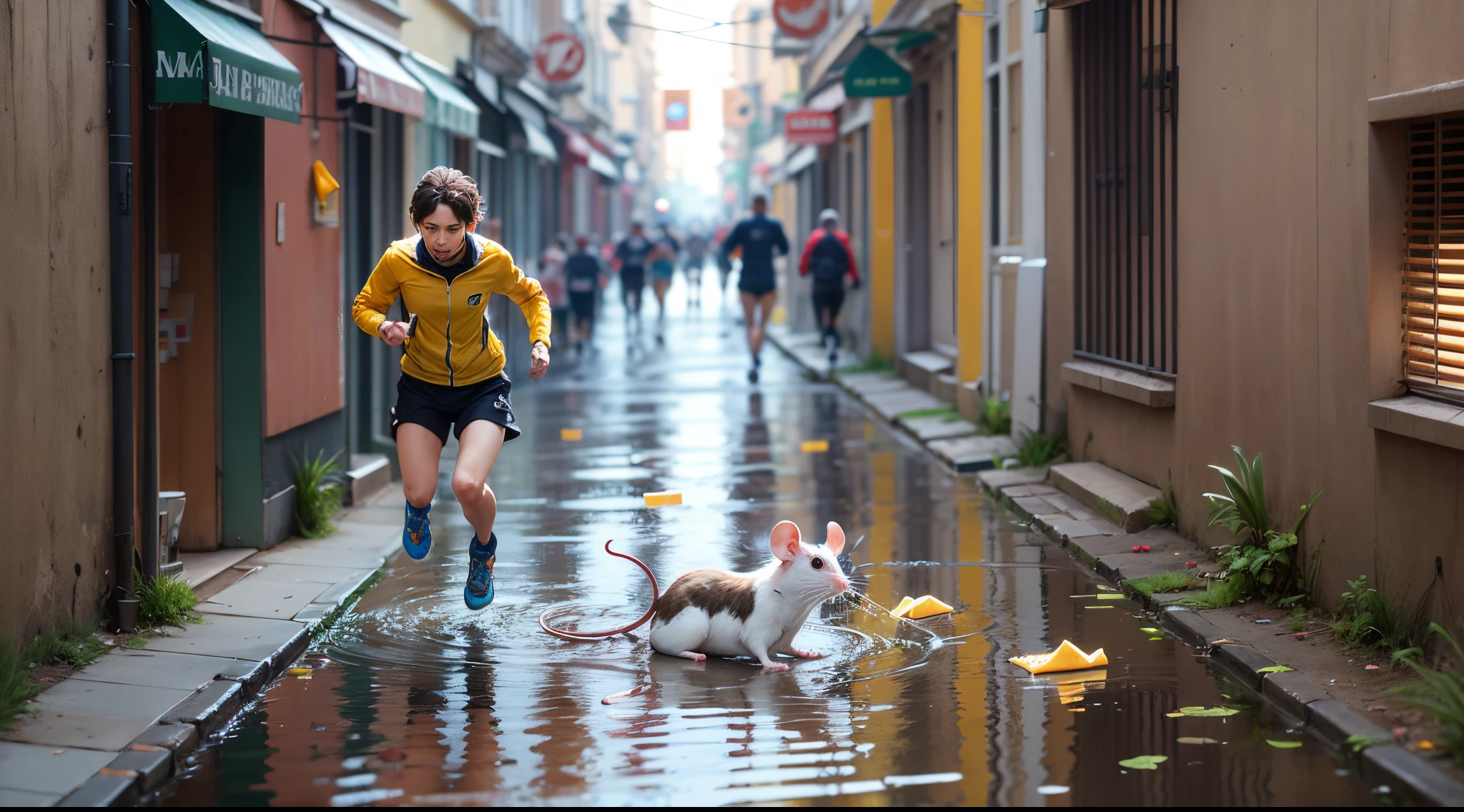 mouse bathing in a puddle of water while eating a piece of cheese with people running in fear in a city --auto --s2