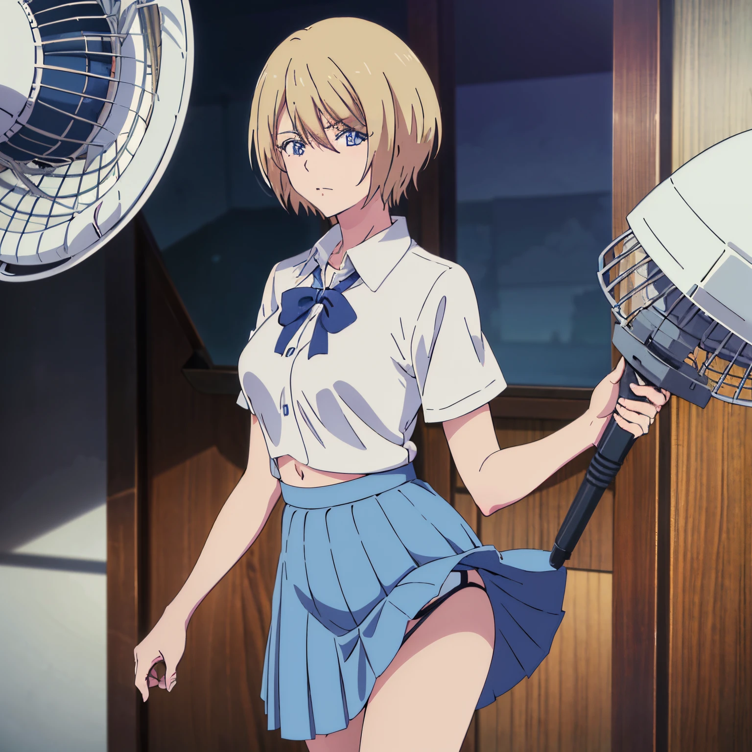 akane hououji , 1girl, alone, looking at viewer, short hair, blue eyes, blonde hair, hair between eyes, medium breasts, white shirt, shirt ,short sleeves, blue skirt, pleated skirt, panties, collared shirt, panty shot, g-string, skirt lift, electric fan,  navel, micro panties