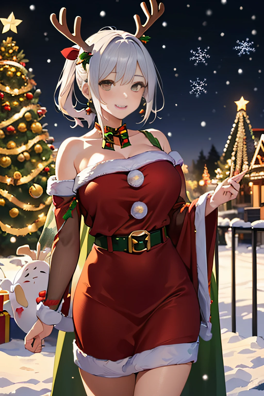 nsfw,1 girl, game CG, topless Santa Claus costume, short skirt, cleavage visible, bangles, gigantic breasts, silver hair, short hair, french braid, yellow eyes, Christmas background,embarrassing,