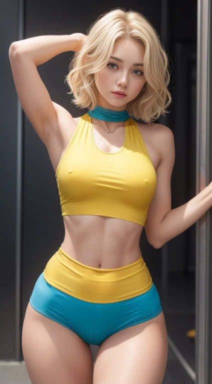 1 girl, ((20 years old)), (((beautiful woman)), ((short wavy blonde hair)), ((wearing very tight blue lycra shorts)), ((wearing tight yellow silk top)), ((very slim slender fit-muscled body)), ((detailed abdomen)), ((Athletic Body Woman)), ((dynamic pose)), ((see through)), ((cameltoe)). #Explanation: A beautiful girl with short wavy blonde hair, she wears tight top and shorts.