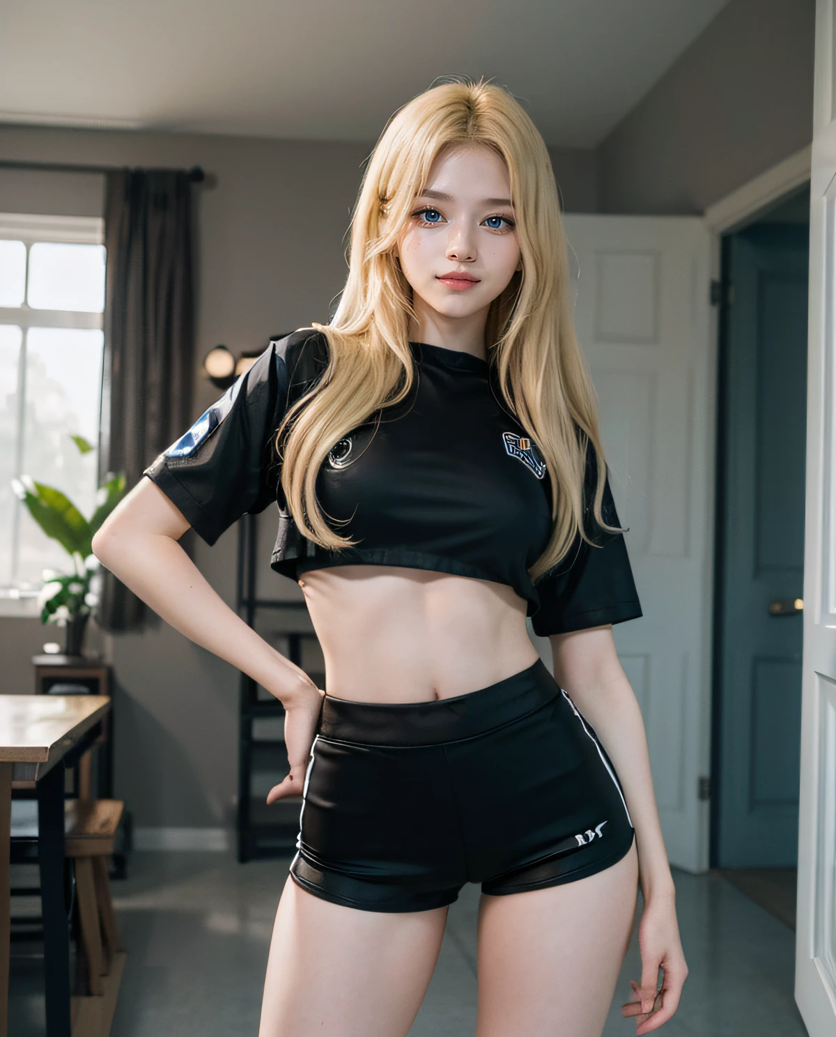 1girl, (Blue eyes), (Smile), (Sana Minatozaki), wide hips, Big Boobs, big ass, round butt, (Best Quality, 8k, Masterpiece: 1.3), perfect hands, Clear Focus: 1.2, Perfect Body Beauty: 1.4 , Slender Abs: 1.2, Highly detailed face and skin texture, detailed eyes, double eyelids, (blonde long hair), (Tight sports top), (small black shorts :1.3), standing, dynamic pose, in a luxurious house
