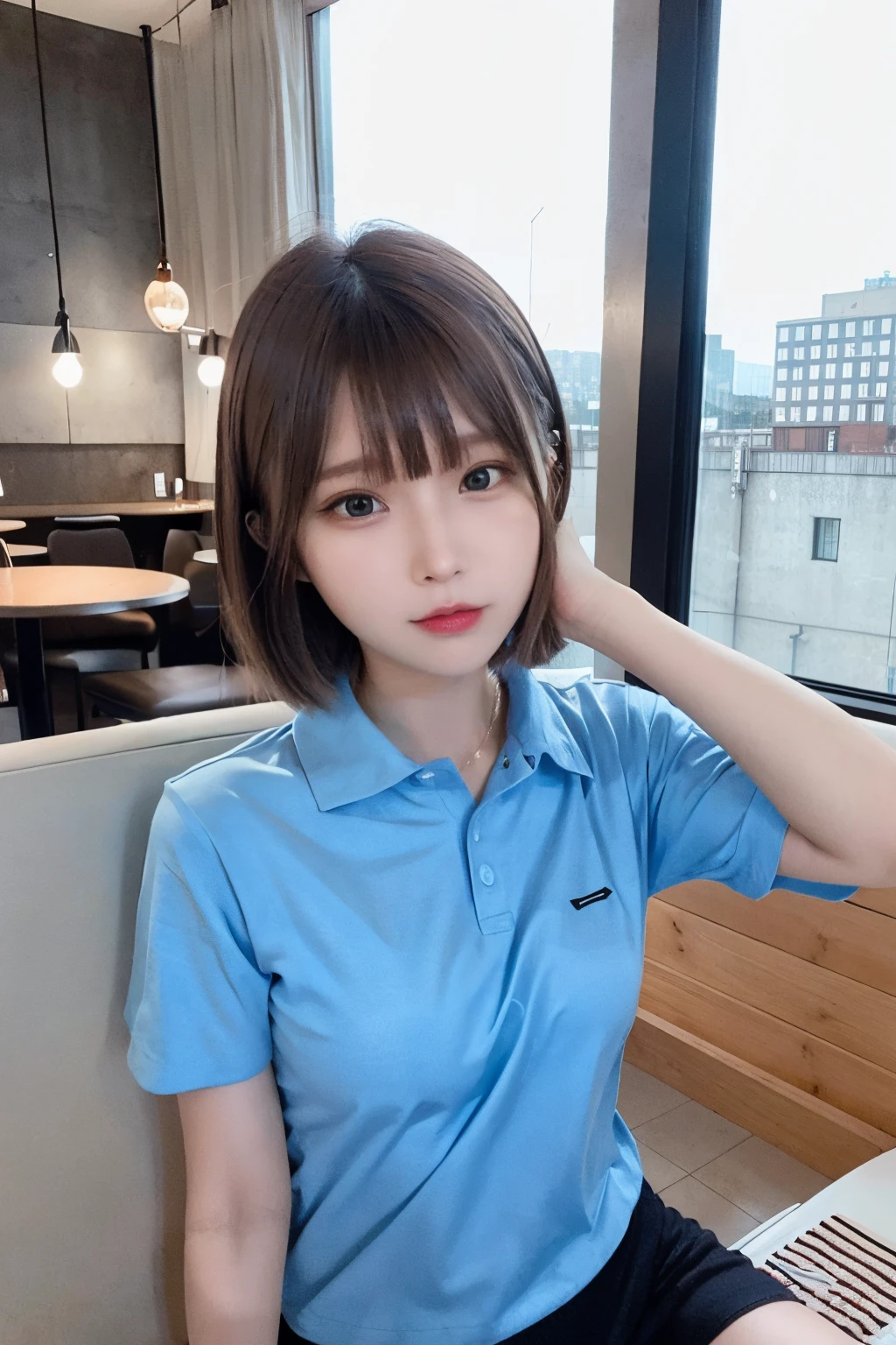(8K、Raw photography、top-quality、masterpiece:1.2)、(realisitic、Photorealsitic:1.37)、1 girl in、 only、cute little、adolable、(blue eyess)、(Shy smile:0.4)、(独奏)、详细的脸、oval-face、Thin almond eyes、(Brown hair shorthair:1.3)、Hair over one eye、A slender、medium breasts、Collared shirt、Dramatic Angle、tilt of the head、fluorescent lamp、Inside the coffee shop、Sitting by the window、small head、(Facing the other side)、teens girl、piercings