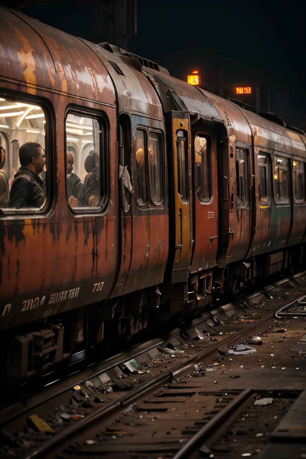 masterpiece, 8k, 
best quality, ultra detailed, 
rusty crowded train from outside in los angeles, apocalyptic color palette, photorealistic, neon ambianceblood stains, building crumbling, 
high definition, depth of field, bokeh, rubble, wild vegetation,