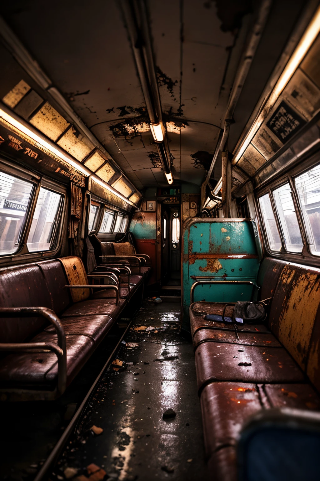 masterpiece, 8k, 
best quality, ultra detailed, 
rusty crowded train from outside in los angeles, apocalyptic color palette, photorealistic, neon ambianceblood stains, building crumbling, 
high definition, depth of field, bokeh, rubble, wild vegetation,