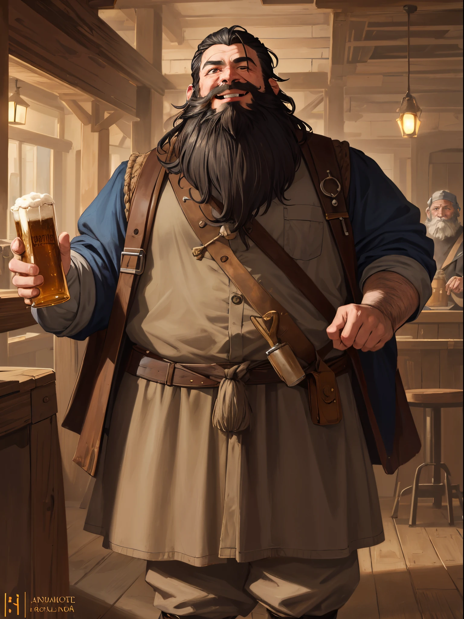 masterpiece, best quality, absurdres, perfect antomy, cinematic lighting, 1boy, sturdy, dwarf, full beard, long beard, merchant, smile, laughing, indoors, tavern, beer