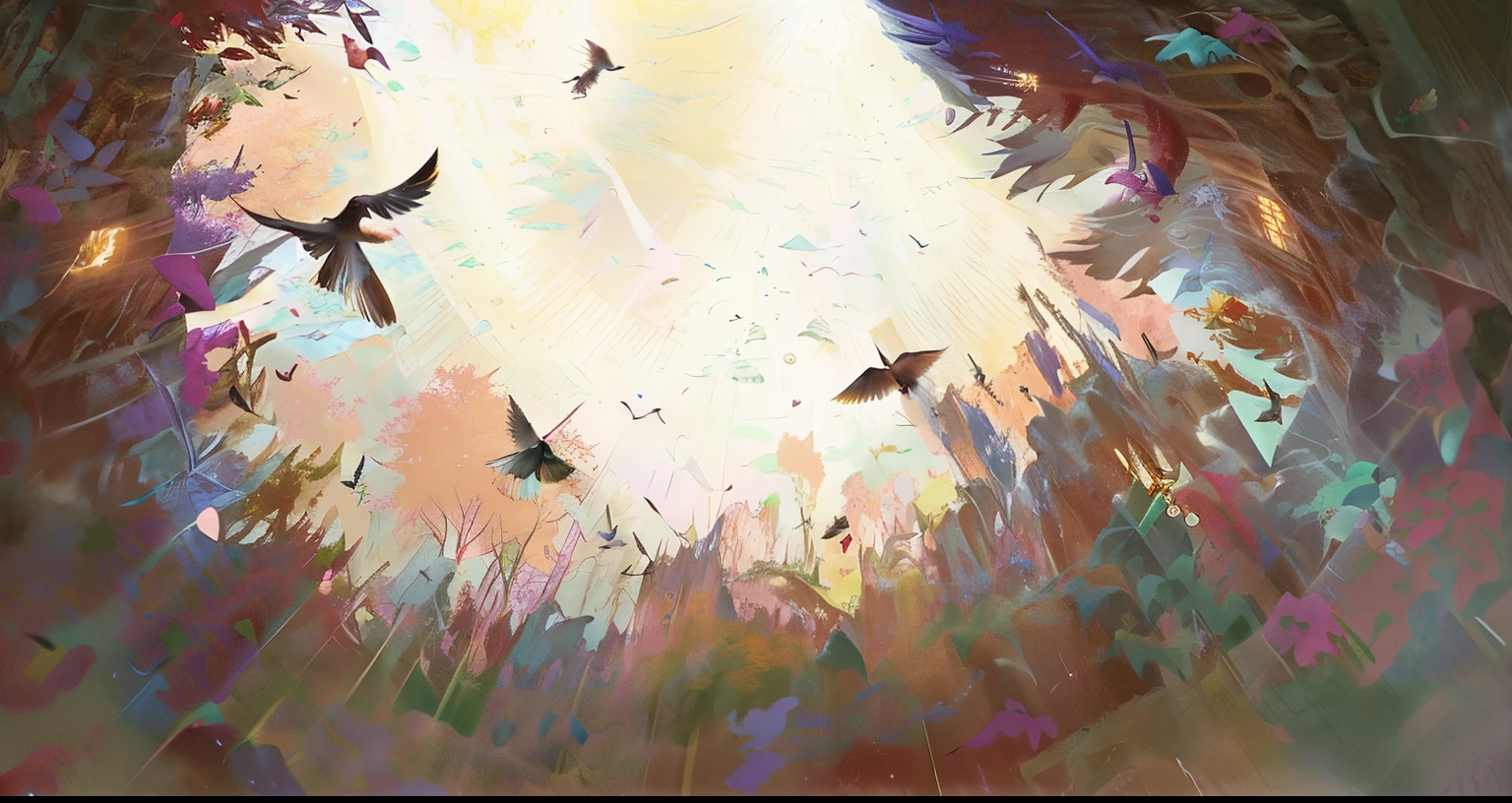 Painting of birds flying in the sky with sun as background, Birds fly away from the explosion, an abstract spiritual background, Holy Fire Spell Art, Birds fly in the sun, mystical birds, Huginn and muninn flying above, Pigeons fly into the portal, flocks of crows, prophetic art, fictional bird flying, Fields full of crows(Oriental Fantasy,Smoggy background,dunhuang,Flying,mountain water,Rock painting,)(q2 hd)