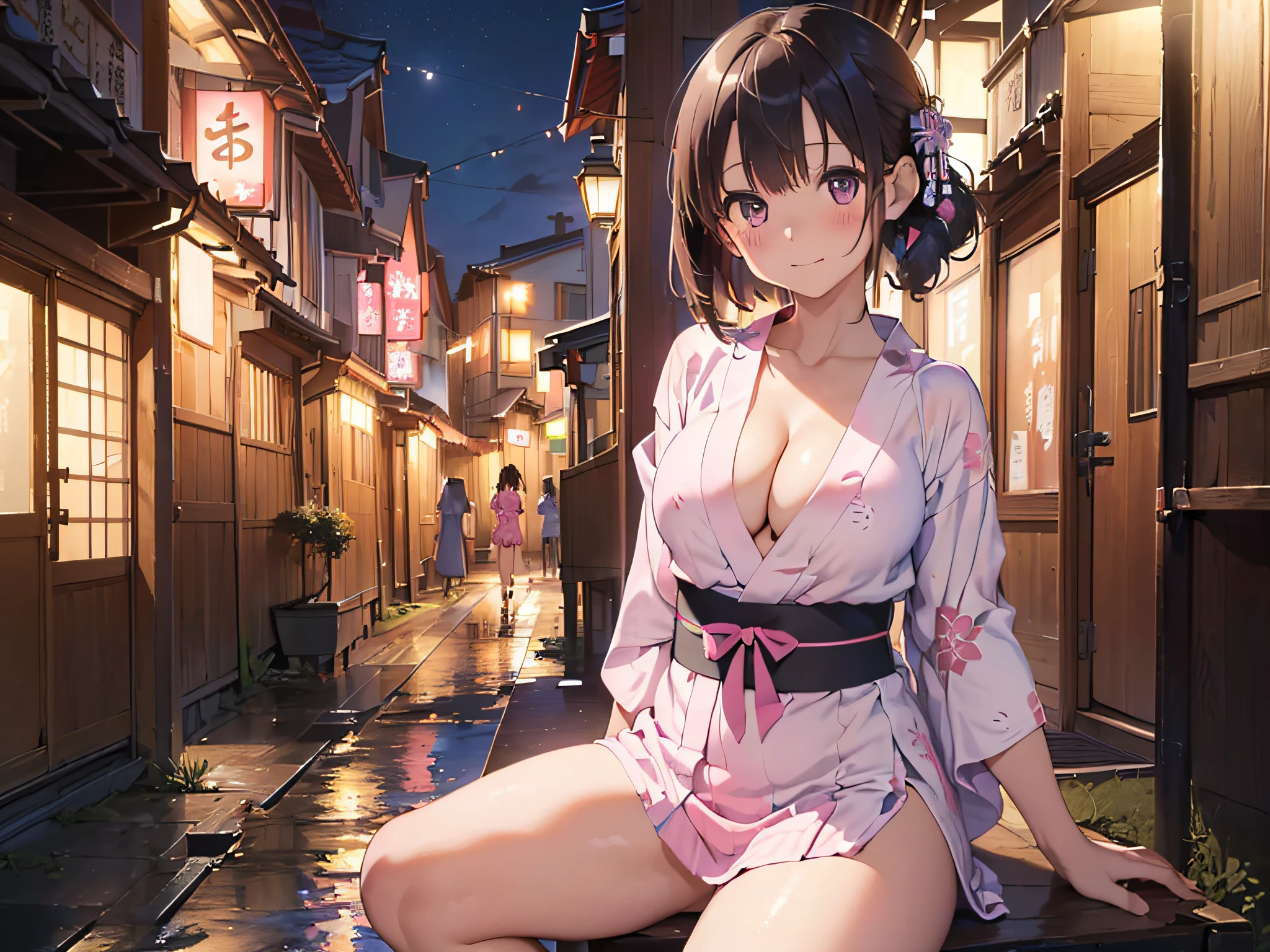 (​masterpiece:2.0), (top-quality:2.0), (sitting naked:1.5), (extremely mini skirt extremely small pink yukata:1.5), (super thin fabric:1.5), (sexypose:1.5), (blushed face:1.3), (barechested:1.3), (realistic:1.5), 1  girl, precise hands, Embarrassed look, light smile, Look at me and smile, extremely cute girl, innocent face, young face, Clear eyes, Shining eyes, small breast, (cleavage of the breast is visible:1.5), (the thighs is visible:1.5), The crotch is visible, No pubic hair, full body, The beautiful skin, ultra-definition, Top resolution, japan high school student, brown hair, at the night festival