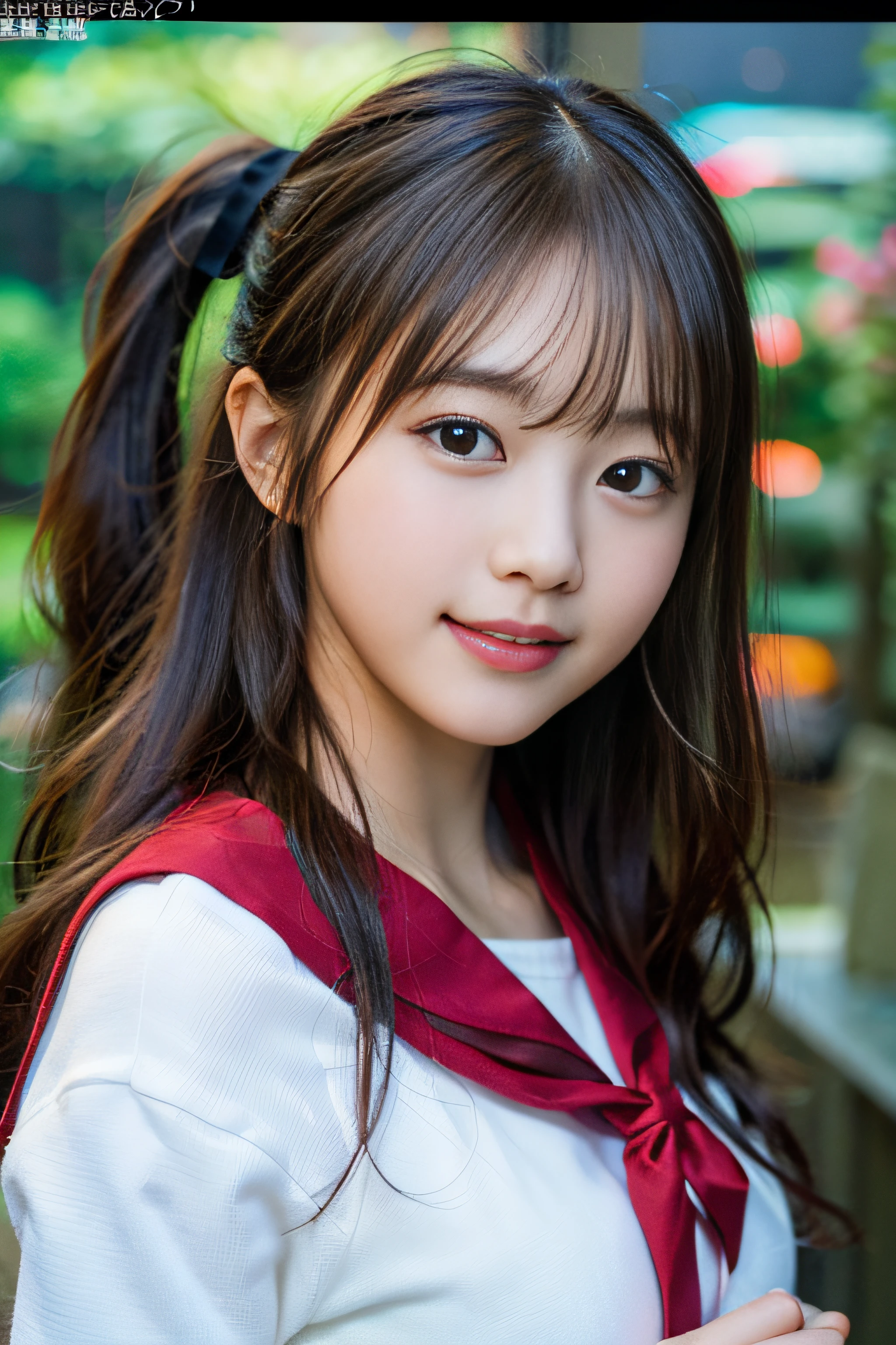 (8K、Raw photography、top-quality、masterpiece:1.2)、(realisitic、Photorealsitic:1.37)、ultra-detailliert、超A high resolution、女の子1人、see the beholder、beautifull detailed face、A smile、Constriction、(Slim waist) :1.3)、Beautiful detailed skin、Skin Texture、Floating hair、Professional Lighting、Whole human body、japanese hight school uniform、a sailor suit、Twin Hairstyles、E-cup、Happy smile、sixteen years old、Red ribbons、a baby face、aquariums、In front of a large aquarium、Curly waist、I have a large stuffed dolphin.