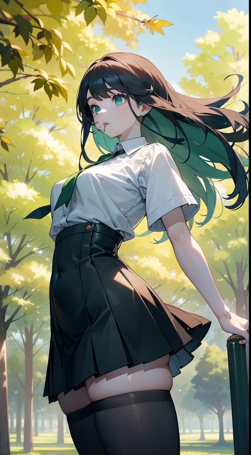 1 girl, pale skin, eyes, mouth, lips, hair, bangs, locks, neck, shoulders, short shirt, perfect belly, short skirt, thick legs, thick thighs, tight tights, background scenery, in the park, beautiful day , wind, flying leaf, lighting, people around, green aria, trees