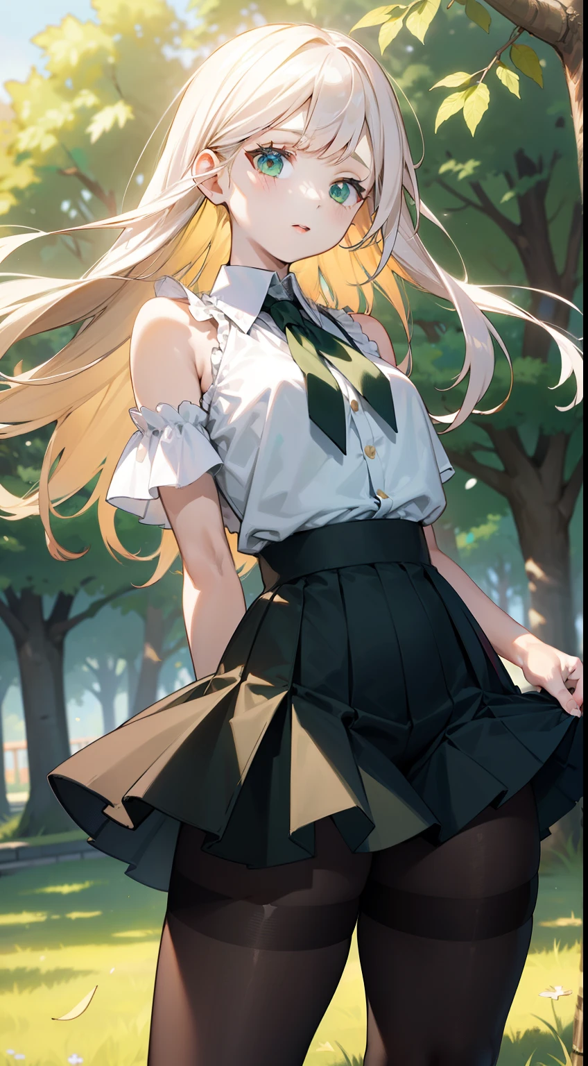 1 girl, pale skin, eyes, mouth, lips, hair, bangs, locks, neck, shoulders, short shirt, perfect belly, short skirt, thick legs, thick thighs, tight pantyhose, background scene, in the park, beautiful day , wind, flying leaf, lighting, people around, green aria, trees