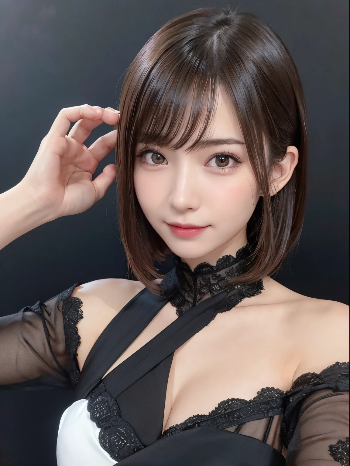 (Raw photography:1.2)、top-quality、a beautiful detailed girl、Black Gothic Dress、Villain's smile、brown short-haired、extremely detailed eye and face、beatiful detailed eyes、hight resolution、8k wallpaper、finely detail、Highly detailed ticker uniform 8K wallpaper、Light on the Face、电影灯光、18 year old girl、sexy pose、(photorealisim:1.4)、illustratio、super detailing