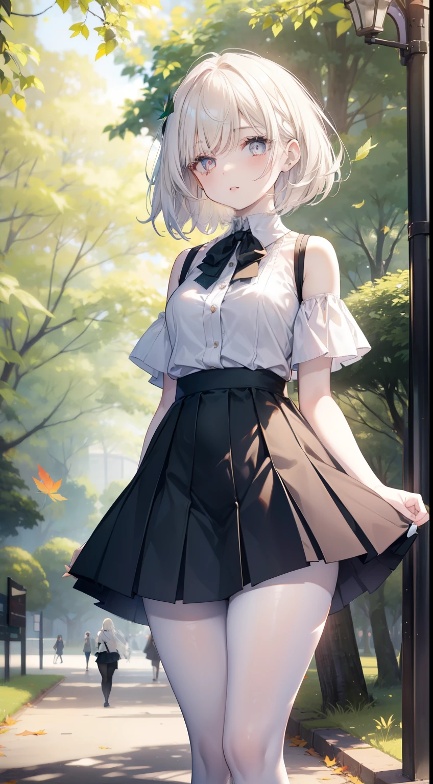 1 girl, pale skin, eyes, mouth, lips, hair, bangs, locks, neck, shoulders, short shirt, perfect belly, short skirt, thick legs, thick thighs, tight short pantyhose, background scene, in the park, day beautiful, wind, flying leaf, lighting, people around, green aria, trees