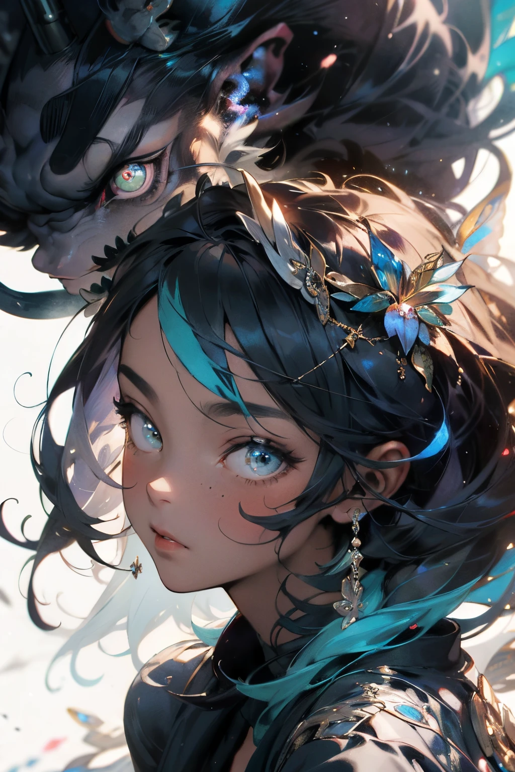 make realistic，（nmasterpiece，top Quority，best qualtiy，offcial art），Heavily detailed，Colorful，Most detailed，Fairy chalet，Broad background，Kamimei，length hair，cabelos preto e longos，Beautiful man