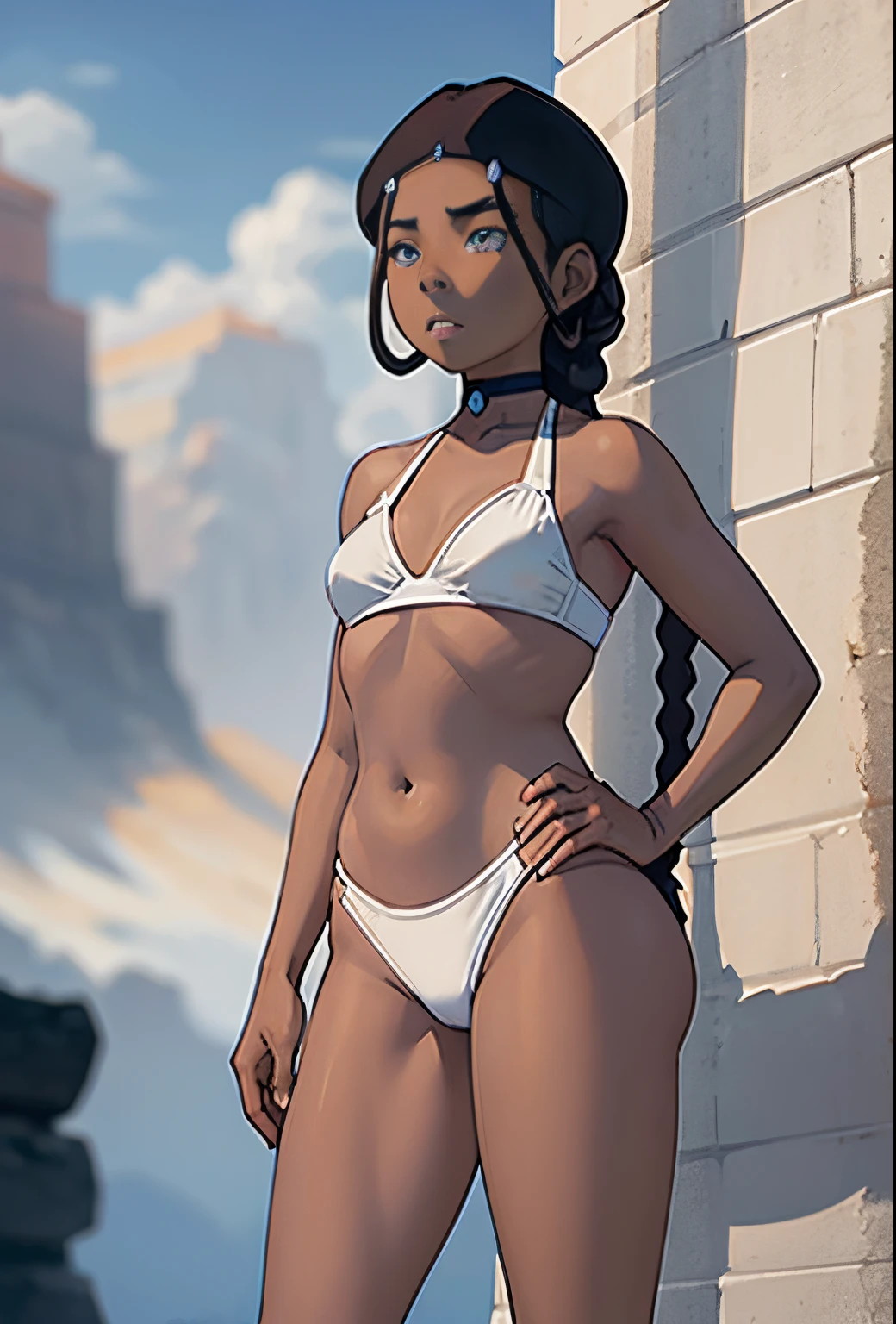 Obra maestra, La mejor calidad, 1girl, Katara, Entonado, dark skin, trenza, Small thin white bikini top, piernas largas, ojos azules,hentai