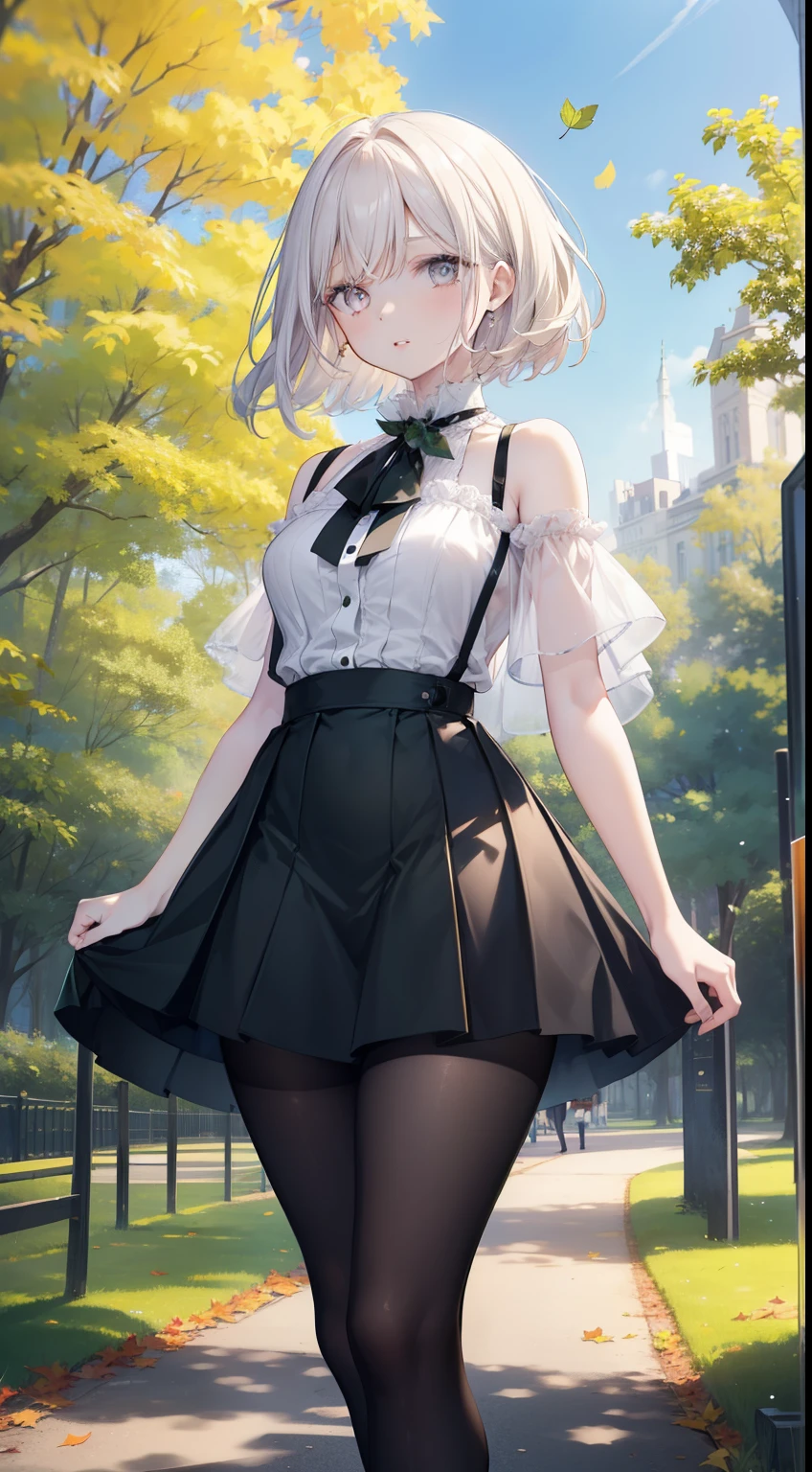 1 girl, pale skin, eyes, mouth, lips, hair, bangs, locks, neck, shoulders, short shirt, perfect belly, short skirt, thick legs, thick thighs, tight short pantyhose, background scene, in the park, day beautiful, wind, flying leaf, lighting, people around, green aria, trees