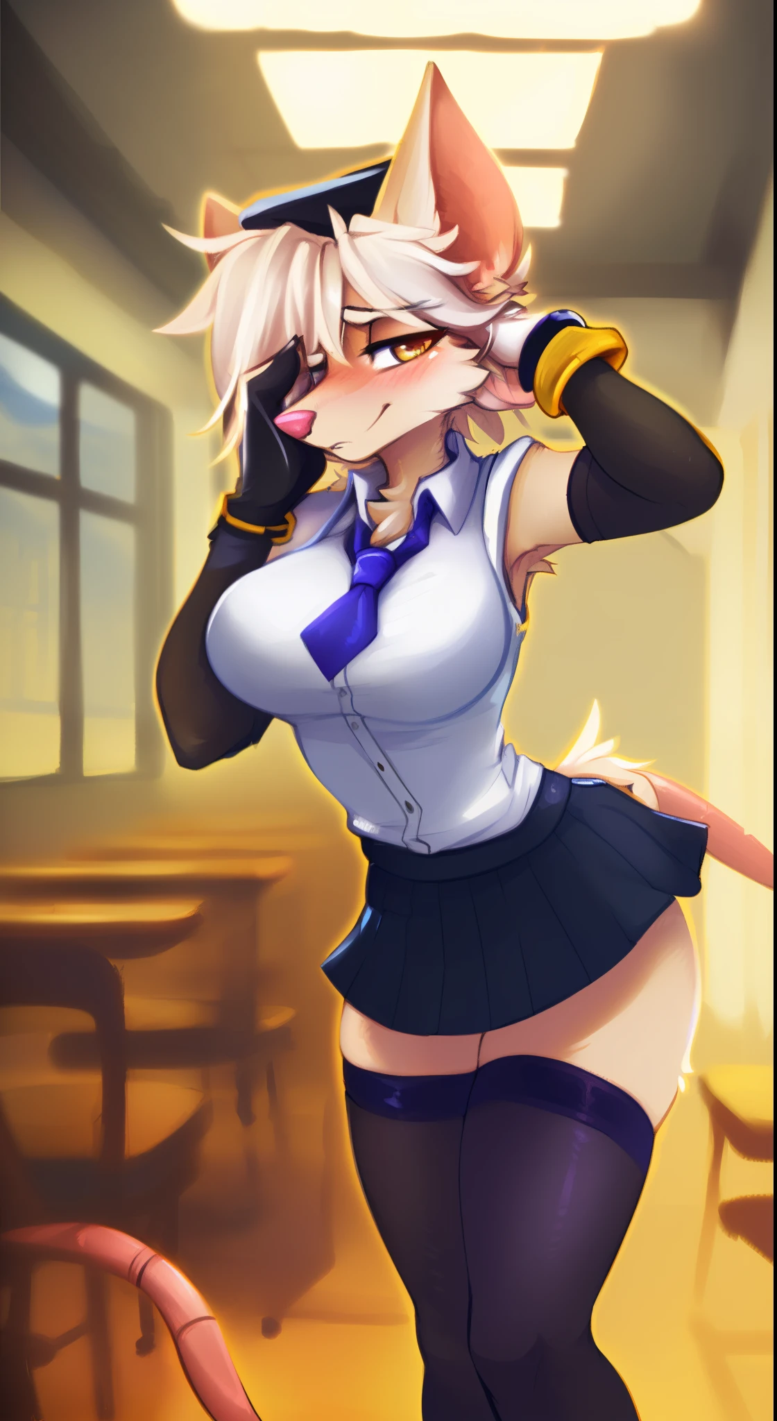 (By hyattlen, by fumiko, by claweddrip):1.2, solo, (tan fox girl), female, fluffy tan ears, (tan_body:1.1), black nose, yellow eyes, cute snout, fluffy blonde tail, white tail tip, long blonde french braided hair, visible fangs, grinning, devious, big wide mouth, large sharp canine teeth, angry eyes, detailed eyes, small breasts, wearing white button up shirt, red tie, naked ass, pink , cum, combat boots, standing, neutral pose, school teacher, school class background, close up, nice hands, good anatomy, masterpiece, back view, giant, exhibitionism, naked front of class, in public, school