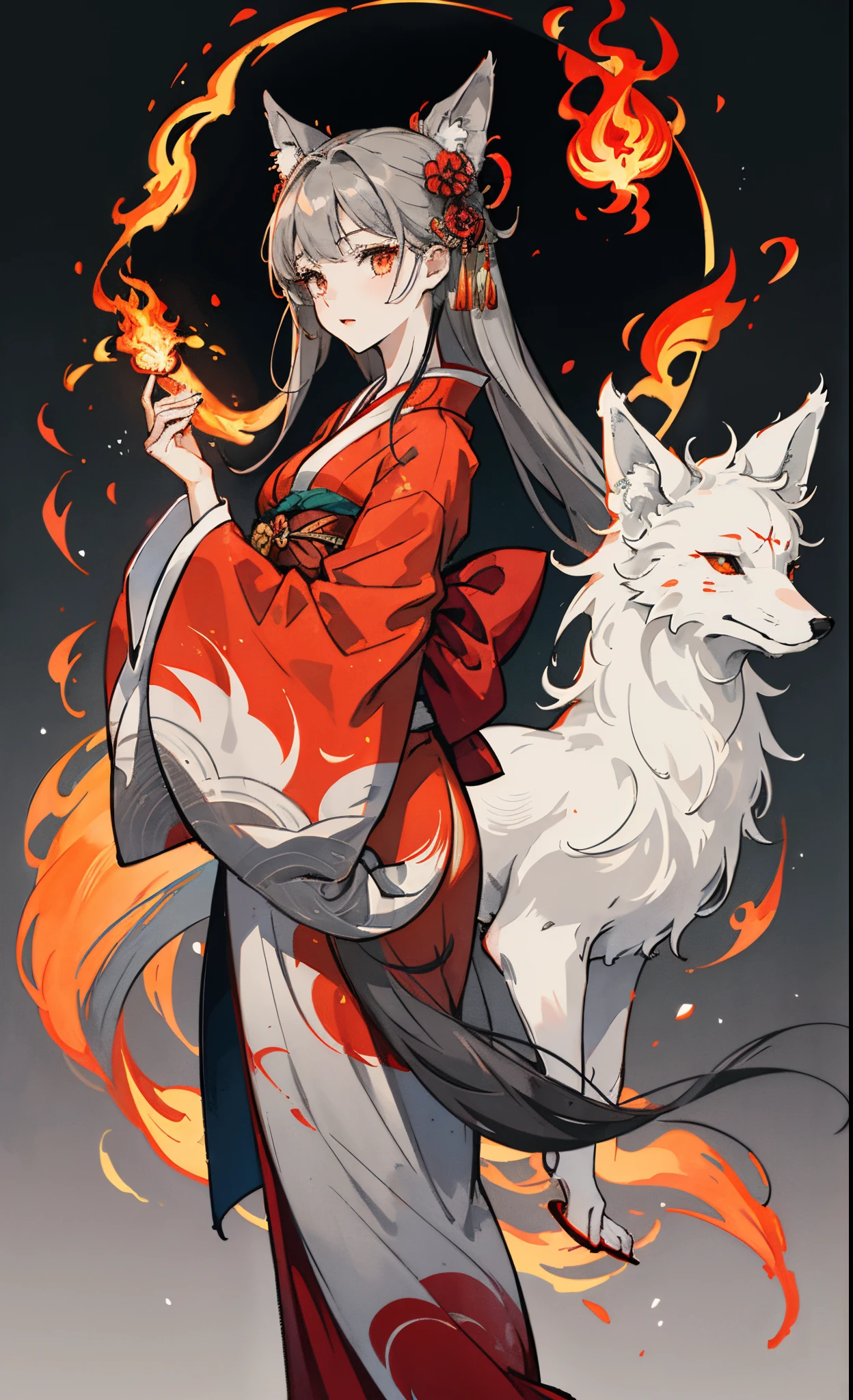 the Nine-Tailed Fox、girl with、Long gray hair、kimono、Long gray hair and wearing a red kimono、Incarnation of the Nine-Tailed Fox、a classy woman、White flame and red flame vortex、there are foxes around、2D Beautiful Girl