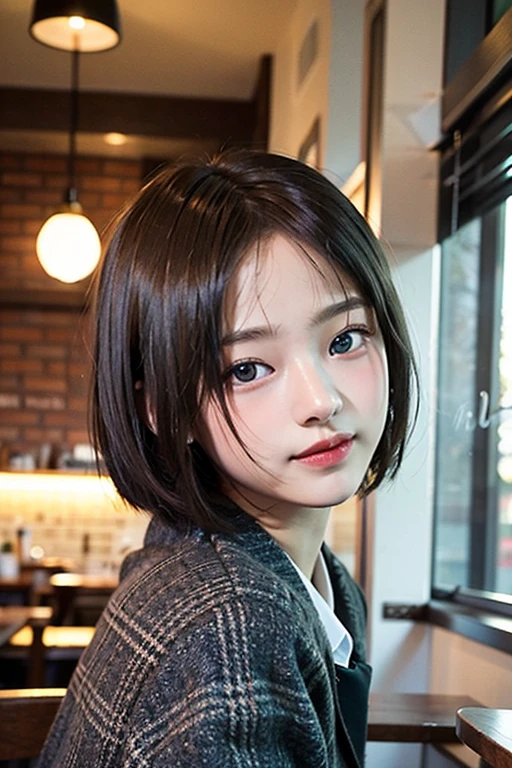 (8K、Raw photography、top-quality、​masterpiece:1.2)、(realisitic、Photorealsitic:1.37)、1 girl in、19 only、cute little、adolable、(blue eyess)、(Shy smile:0.4)、(独奏)、详细的脸、oval-face、Thin almond eyes、(Brown hair shorthair:1.3)、Hair over one eye、A slender、medium breasts⁩、Collared shirt、Dramatic Angle、tilt of the head、fluorescent lamp、Inside the coffee shop、Sitting by the window、small head、(Facing the other side)、teens girl、piercings