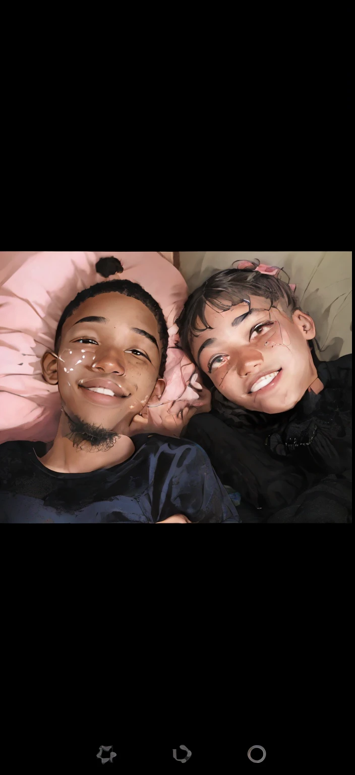 there are two people laying on a bed together smiling, couple on bed, ๐ญ๐คฎ ๐, profile picture, taken in the early 2020s, profile image, โจ๐๐, laying in bed, photo in style of tyler mitchell, ๐ญ ๐คฎ ๐ ๐, headshot profile picture, very very low quality picture, laying on a bed