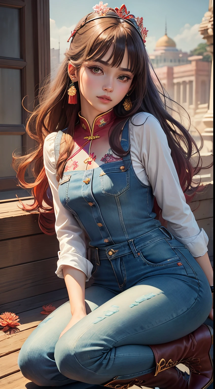 Best Quality, masutepiece, ultra-detailhigh-resolution, (Realistic: 1.4), Watercolor style, Illustration, Dazzling background color,, Skinny Girl with Weapons, (solo exhibition: 1.2), (denim lens: 1.2), (Hair crown: 1.2), Traditional Chinese Dunhuang costumes, No strap, (Red Eyeliner: 1.2), (: 1.4), earrings, Dynamic Angle, Opera House, Messy_long_hair, inky, movie lights, lens_f lare, velvet, chrysanthemums, tassels, bow ribbon, Color embroidery,long boots,