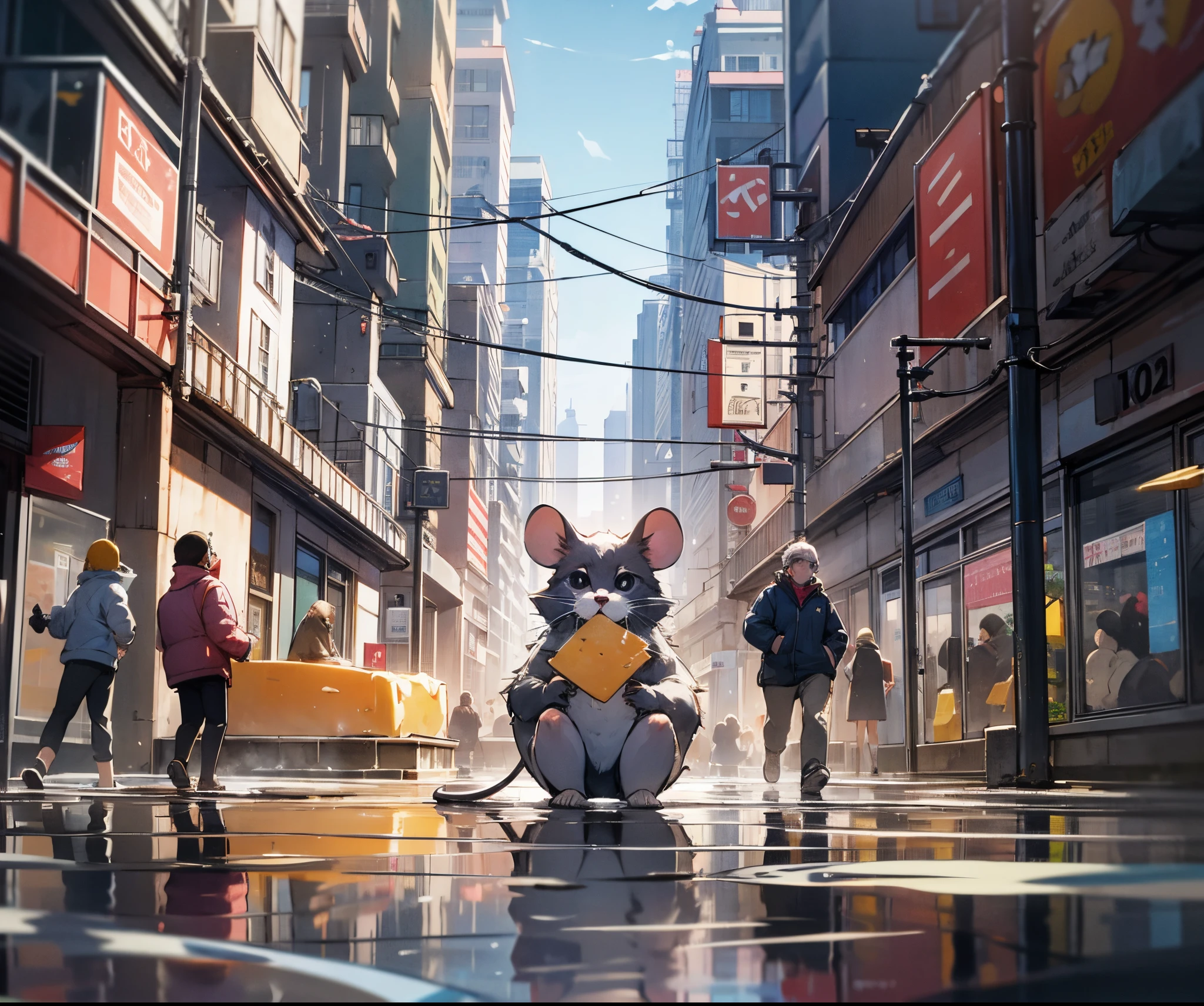 mouse bathing in a puddle of water while eating a piece of cheese with people running in fear in a city --auto --s2