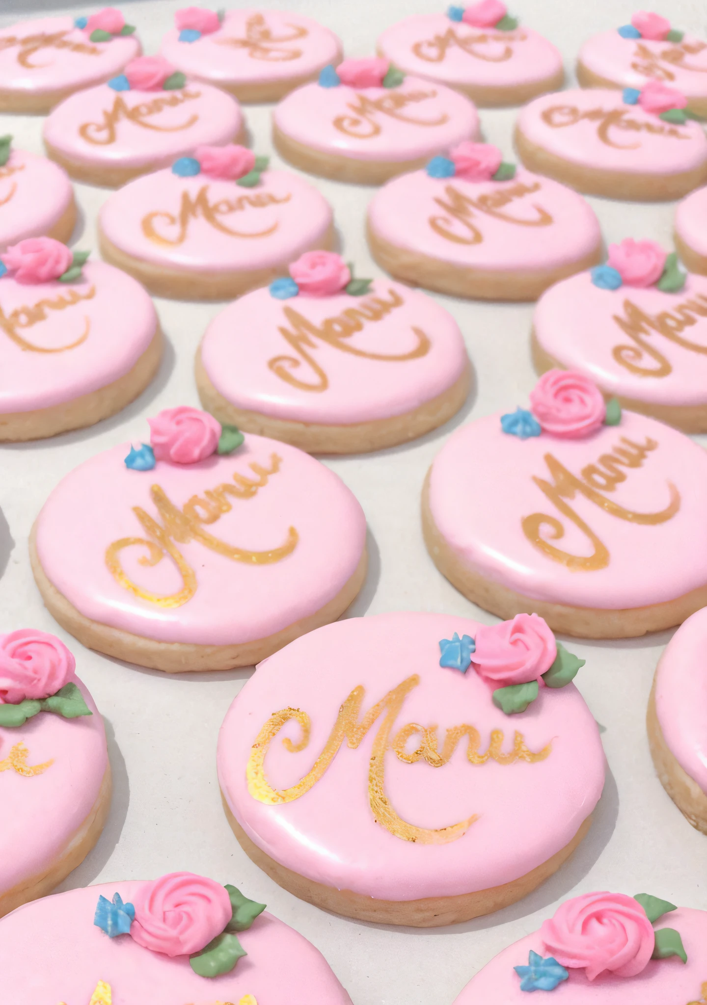 a close-up of a table with pink decorated cookies and pink icing, Mamou - Hands, Hand Painted Style, covered with pink marzipan, hand-painted, hand - painted, Directed by: Edna Mann, Detalhes adicionais, Mini, Muitos detalhes, hand-painted, ornate with gold trimmings, fechar detalhes, detalhado ", detalhado", Pincelada delicada e precisa, delicioso