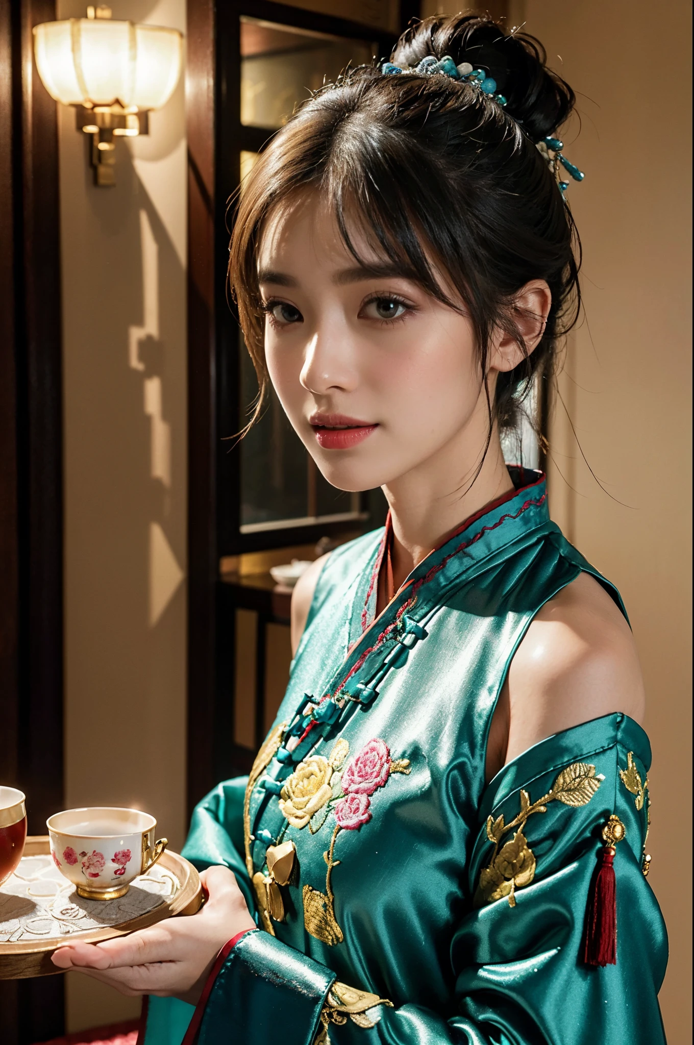 ((shoulder-length straight bob hair)),((very short ponytail)),Extremely meticulous CG),(((8k))),wallpaper,((Extremely refined and beautiful)),(((Masterpiece))),(((best qualtiy))),(((Ultra High Resolution))),beautiful light up，Perfect lightning,realistic shaded，[A high resolution],(Smooth and flawless fair skin:1.5),Extremely exquisite facial details,ultra - detailed,A  girl,solo,small head,small face,clear face,Exquisite makeup,(laughing:1.2),(perfect body:1.1),small breasts,flat chest,slim,thin,(from front:1.2),night scene,dim light,(Chinese classical interior decoration style),(Detailed background),(Luxury bedroom),(Various tea sets on the table),(The Landscape of the Forbidden City in the nighttime seen outside the window),Single cedar table,drinking a cup of tea,BREAK,collar,elaborate costume{Luxury hafu(Colorful hanfu(detailed embroidery,))}